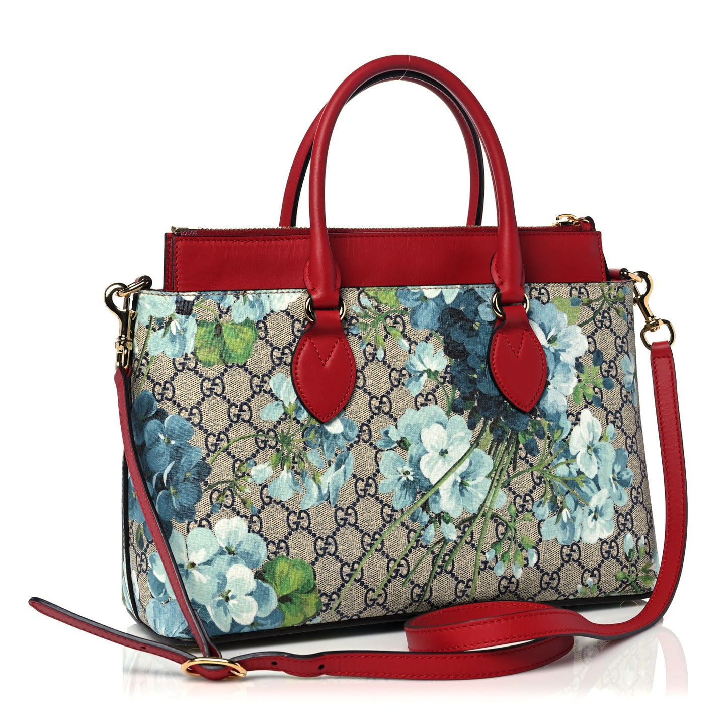 GG Supreme Monogram Blooms Medium Zip Top Tote Beige Blue Navy Hibiscus Red