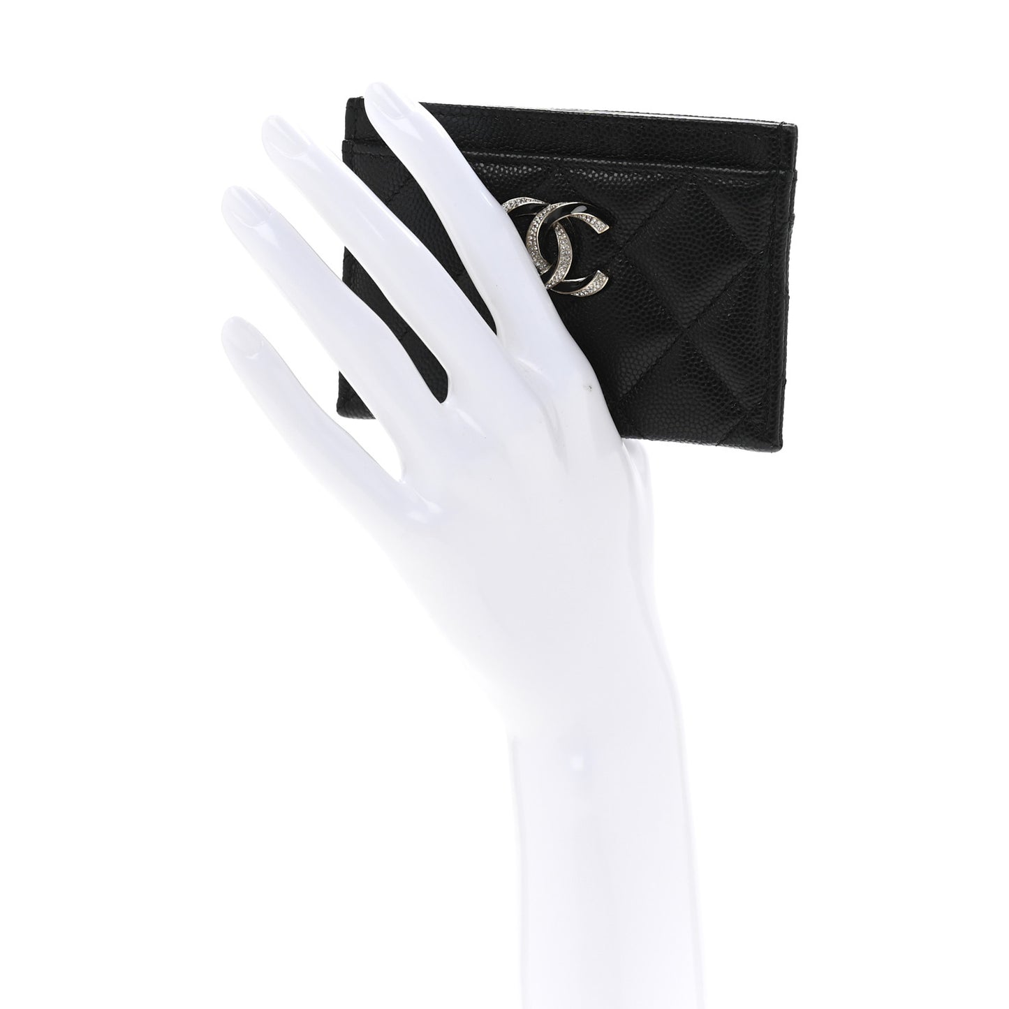 Caviar Quilted Crystal Enamel CC Card Holder Black