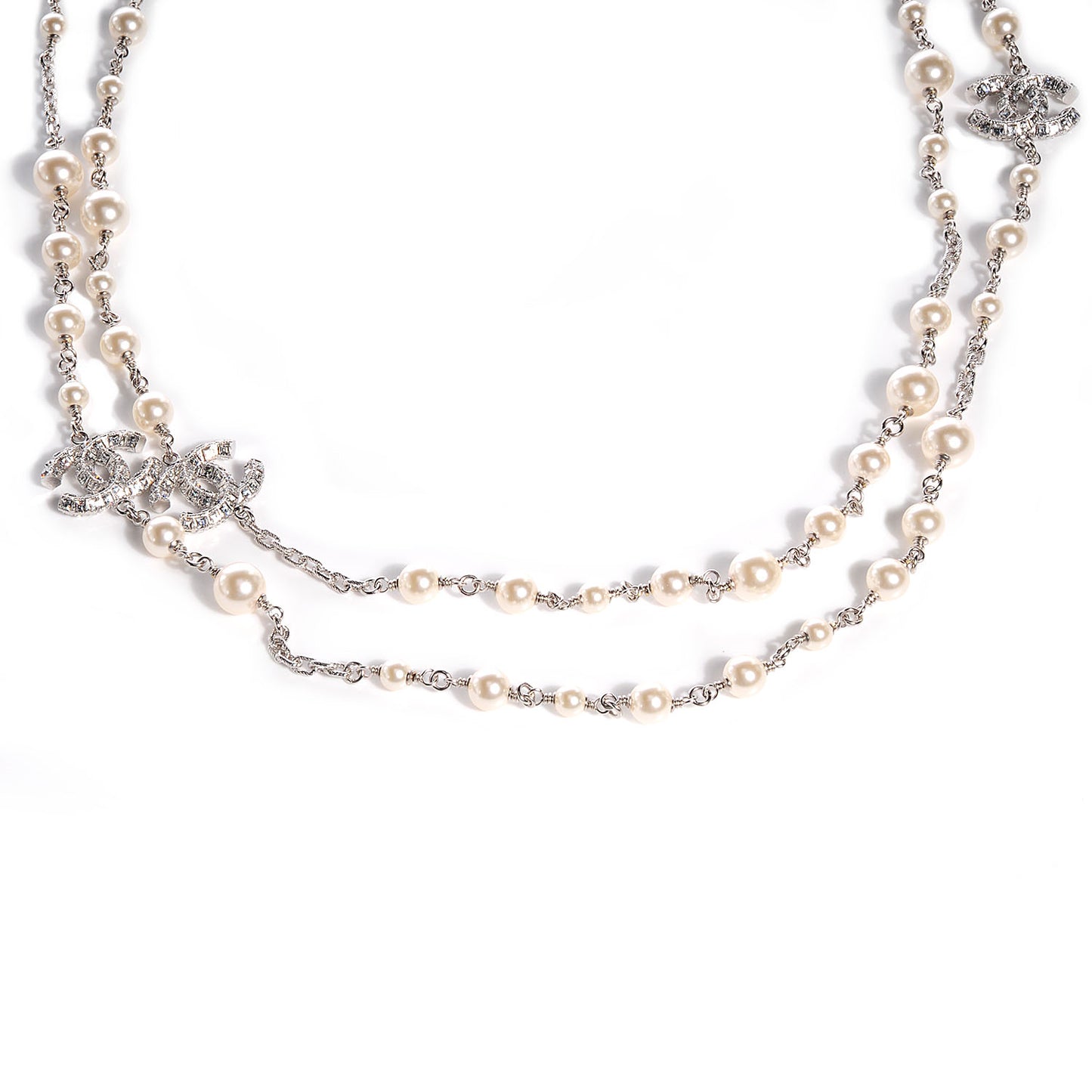 Crystal Pearl CC Long Necklace Silver