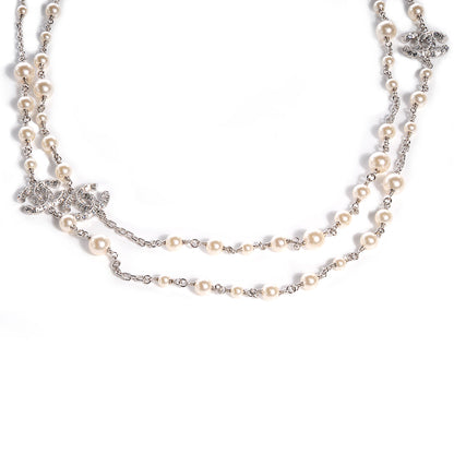 Chanel Crystal Pearl CC Long Necklace Silver 3 of 6