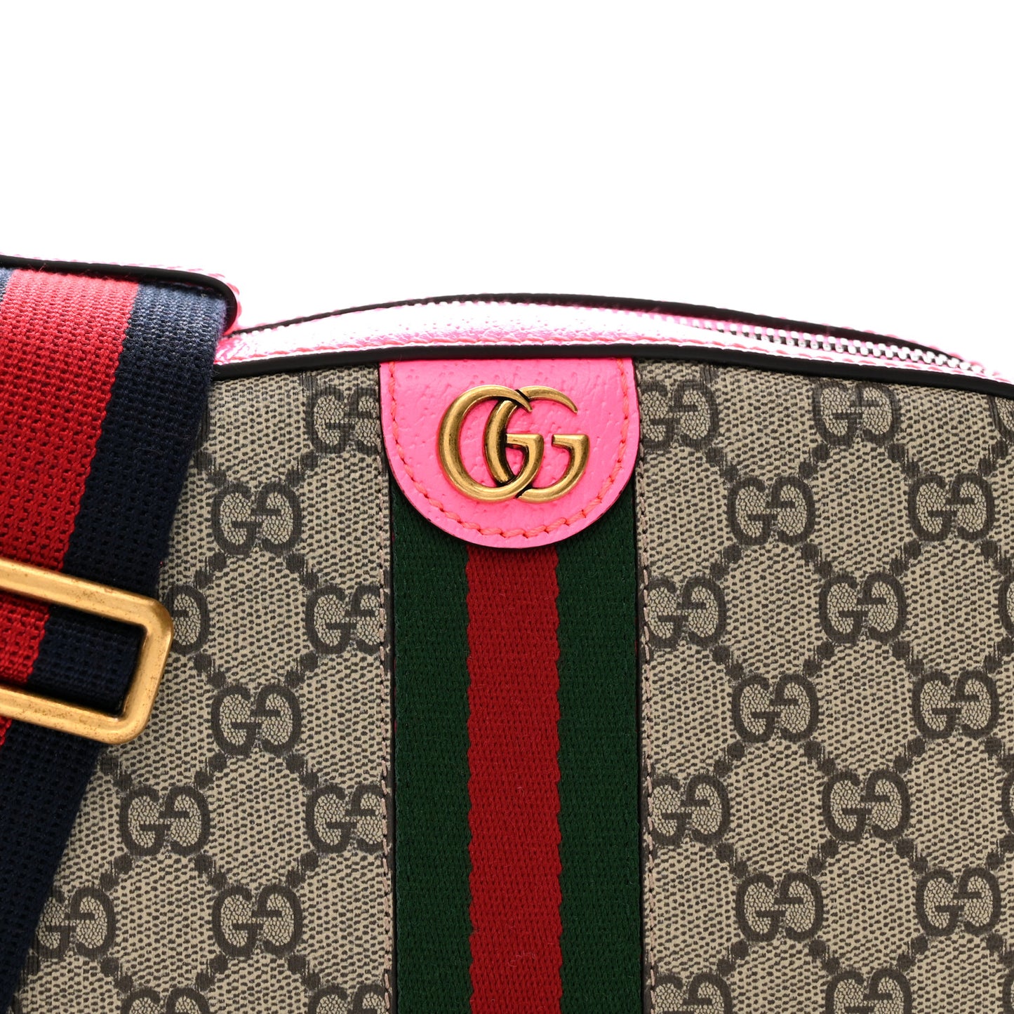 GG Supreme Monogram Textured Dollar Calfskin Web Ophidia Small Crossbody Bag Beige Ebony Fuchsia