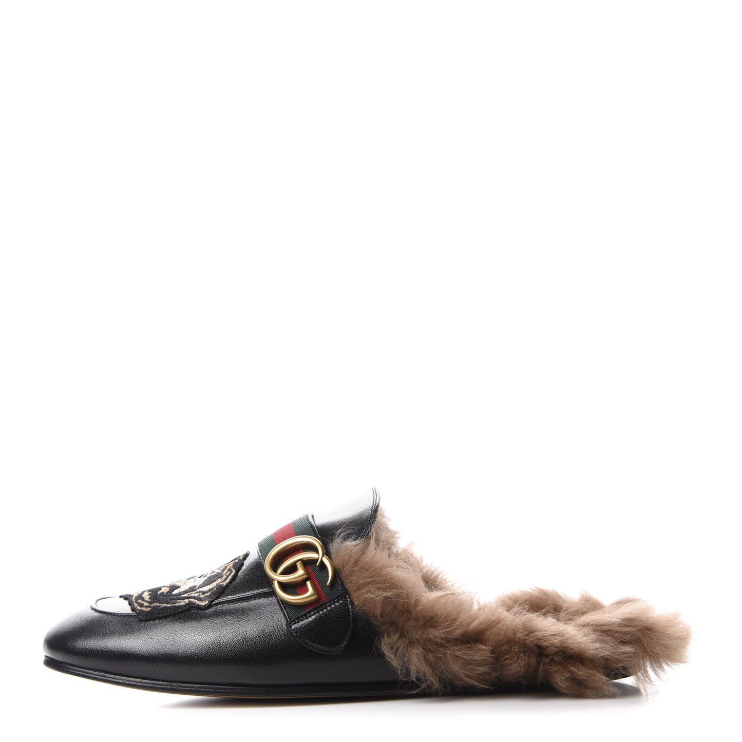 Goatskin Fur Web GG Tiger Embroidered Mens Princetown Slippers 9.5 Black