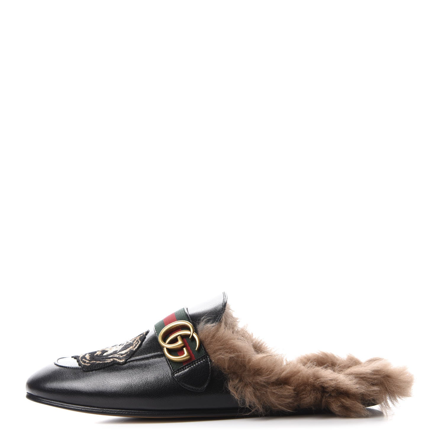Gucci Goatskin Fur Web GG Tiger Embroidered Mens Princetown Slippers 9.5 Black 1 of 8