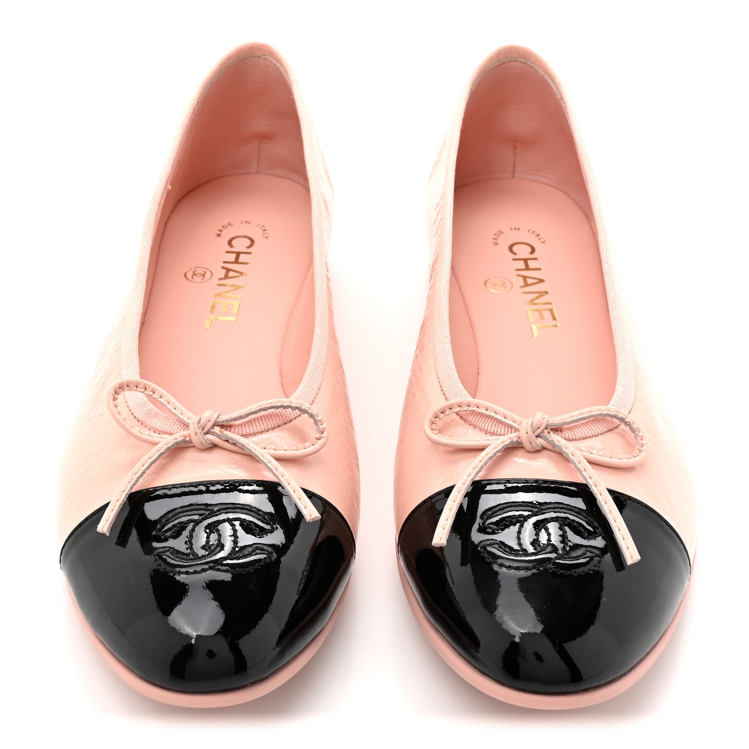 Chanel Shiny Crumpled Calfskin Patent CC Cap Toe Ballerina Flats 41 Light Pink Black 3 of 10