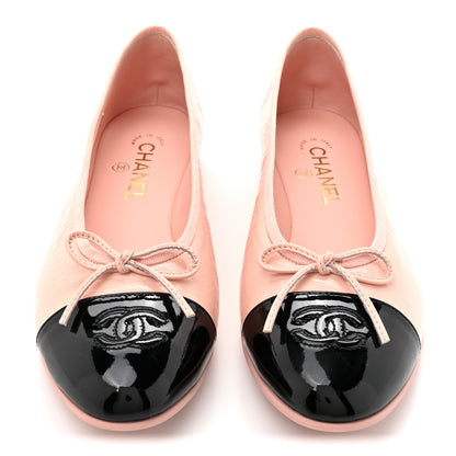 Chanel Shiny Crumpled Calfskin Patent CC Cap Toe Ballerina Flats 41 Light Pink Black 3 of 10