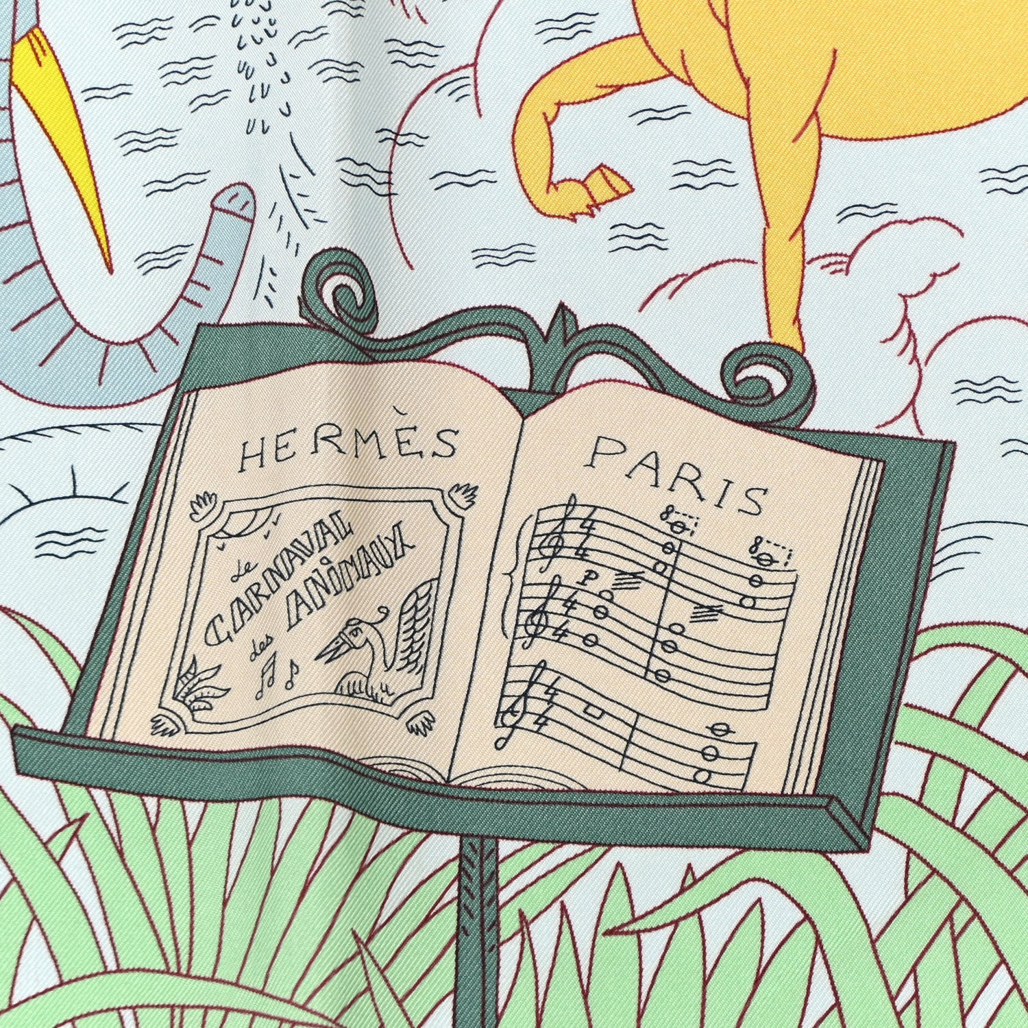 Hermes Silk Le Carnaval des Animaux Scarf 90 Aqua Vert Jaune 2 of 5
