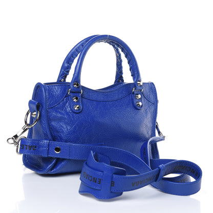 Balenciaga Agneau Classic Silver Hardware Mini City Logo Strap Bleu Electric Black 3 of 10