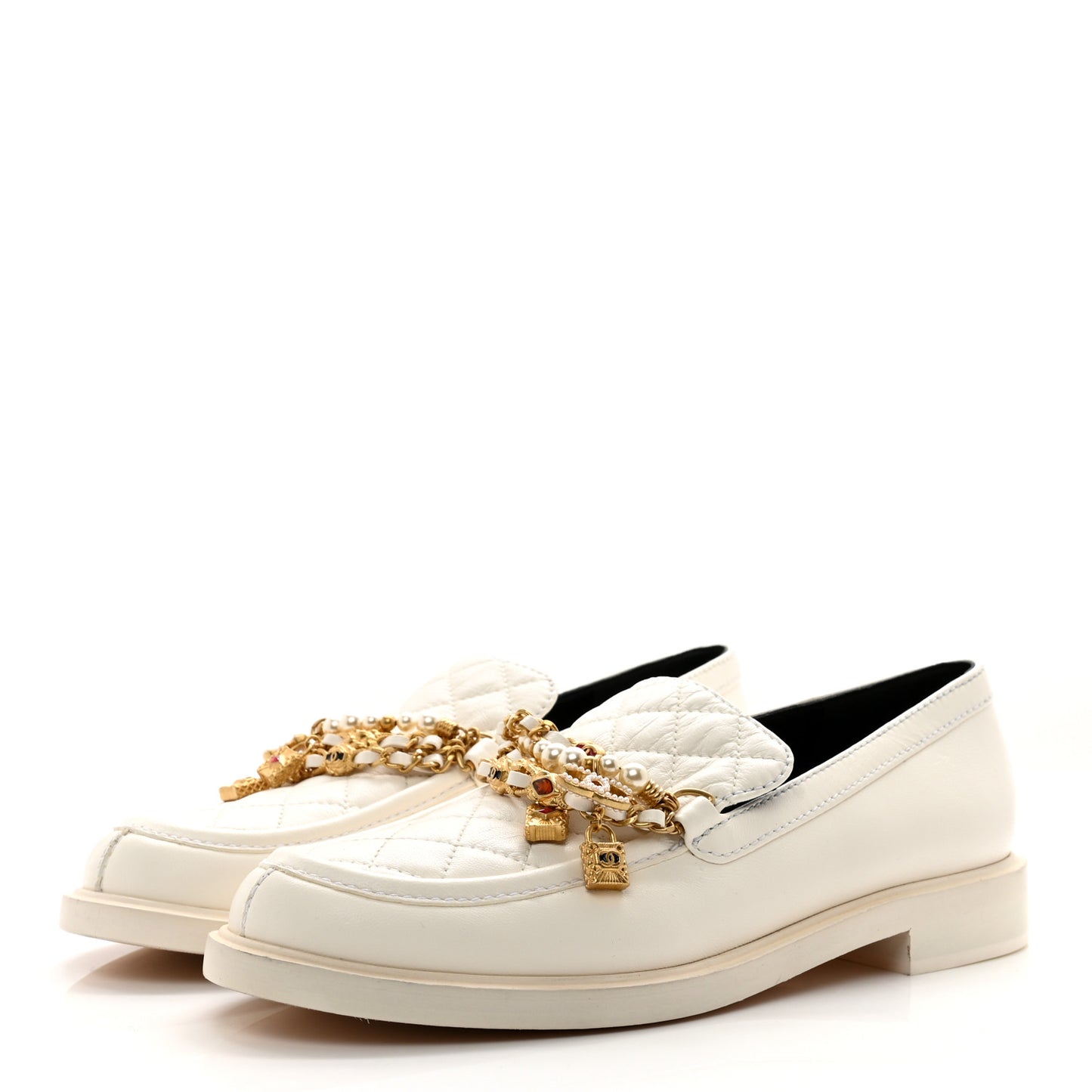 Lambskin Pearl Crystal Quilted CC Logo Jewelry Loafers 38.5 White