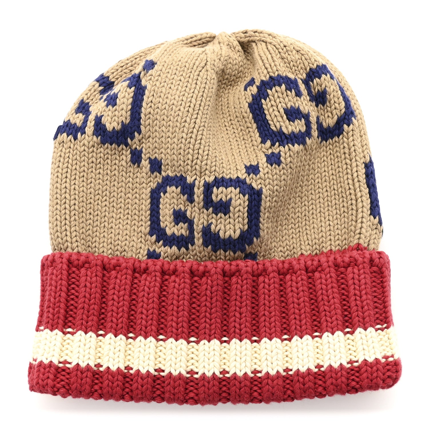 Gucci Cotton Monogram Jumbo GG Beanie Hat S Beige Red 1 of 5