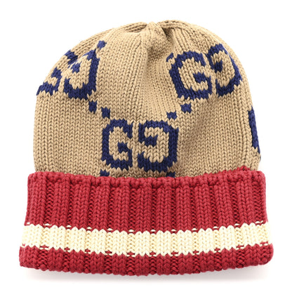 Gucci Cotton Monogram Jumbo GG Beanie Hat S Beige Red 1 of 5