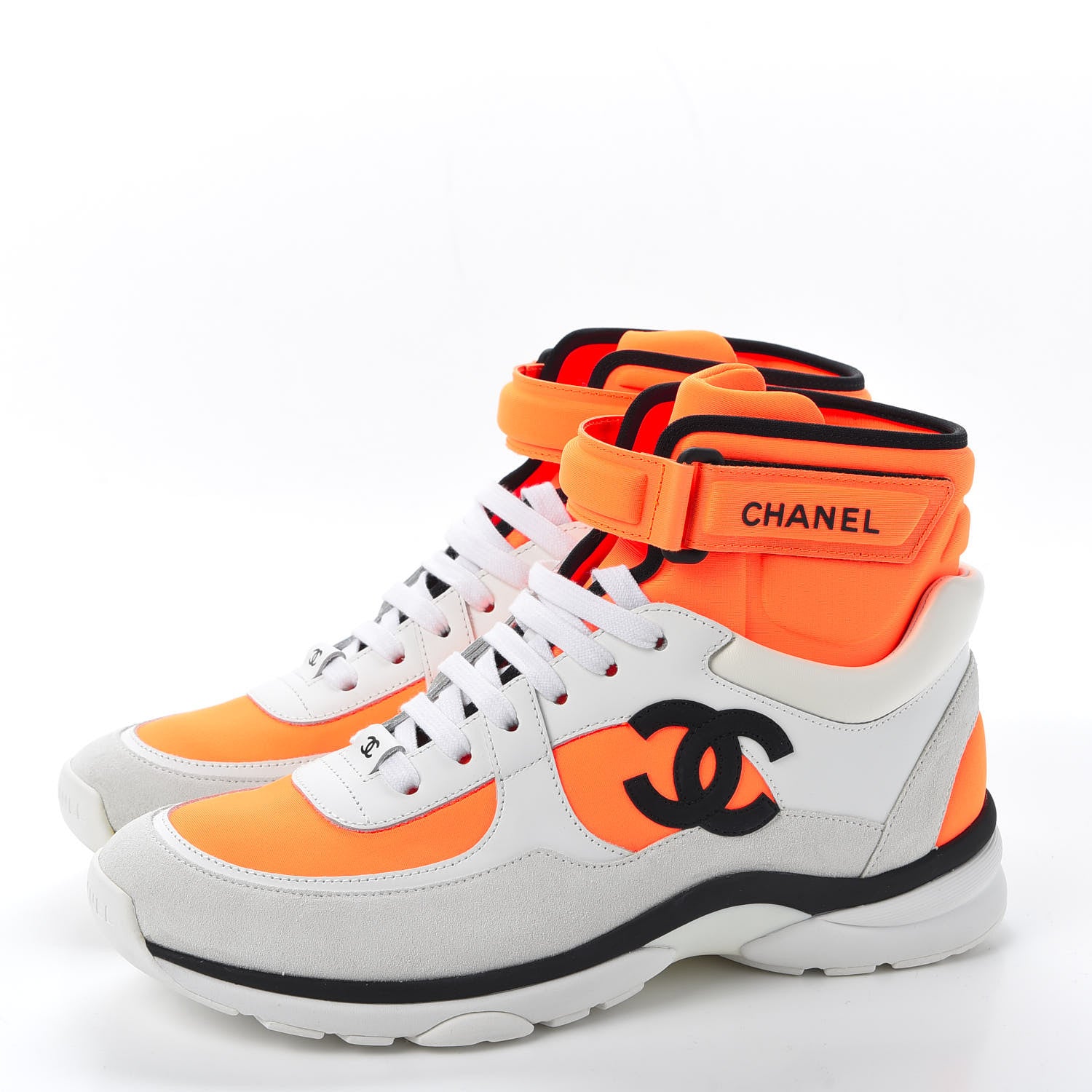 Chanel Suede Calfskin Lambskin Neoprene High Top CC Sneakers 40 White Fluo Orange 3 of 9