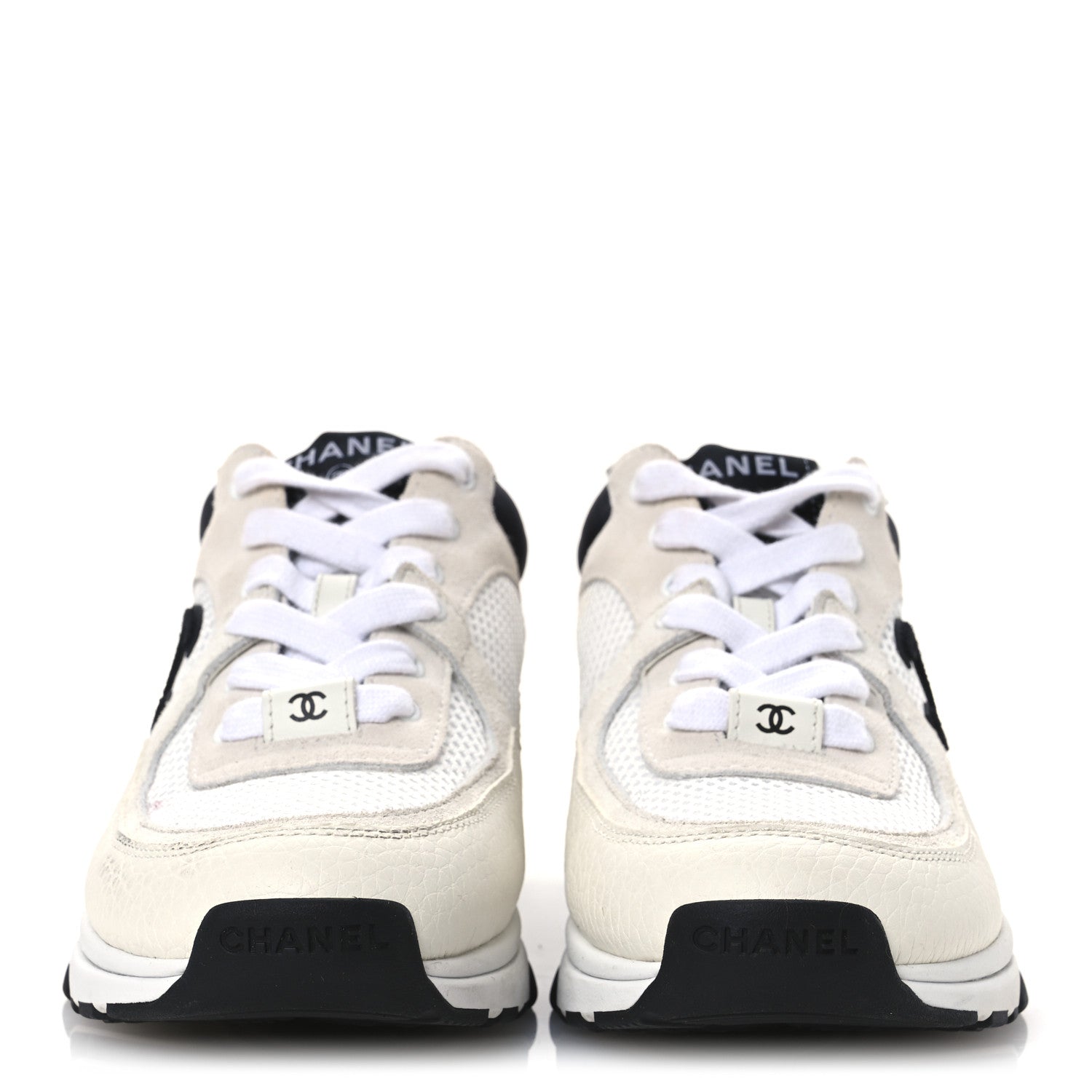 Chanel Mesh Suede Calfskin Grained Calfskin Womens CC Sneakers 36.5 White Black 3 of 13