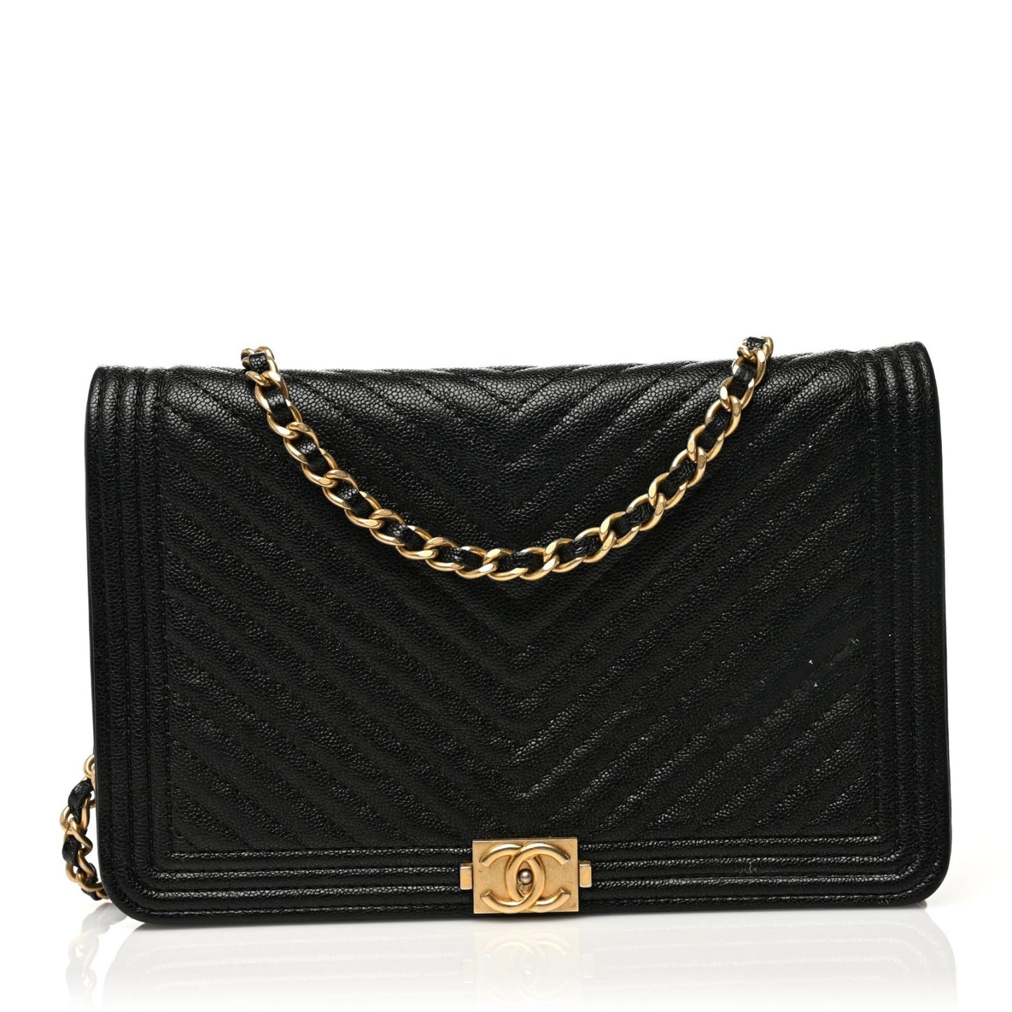 Caviar Chevron Quilted Boy Wallet On Chain WOC Black