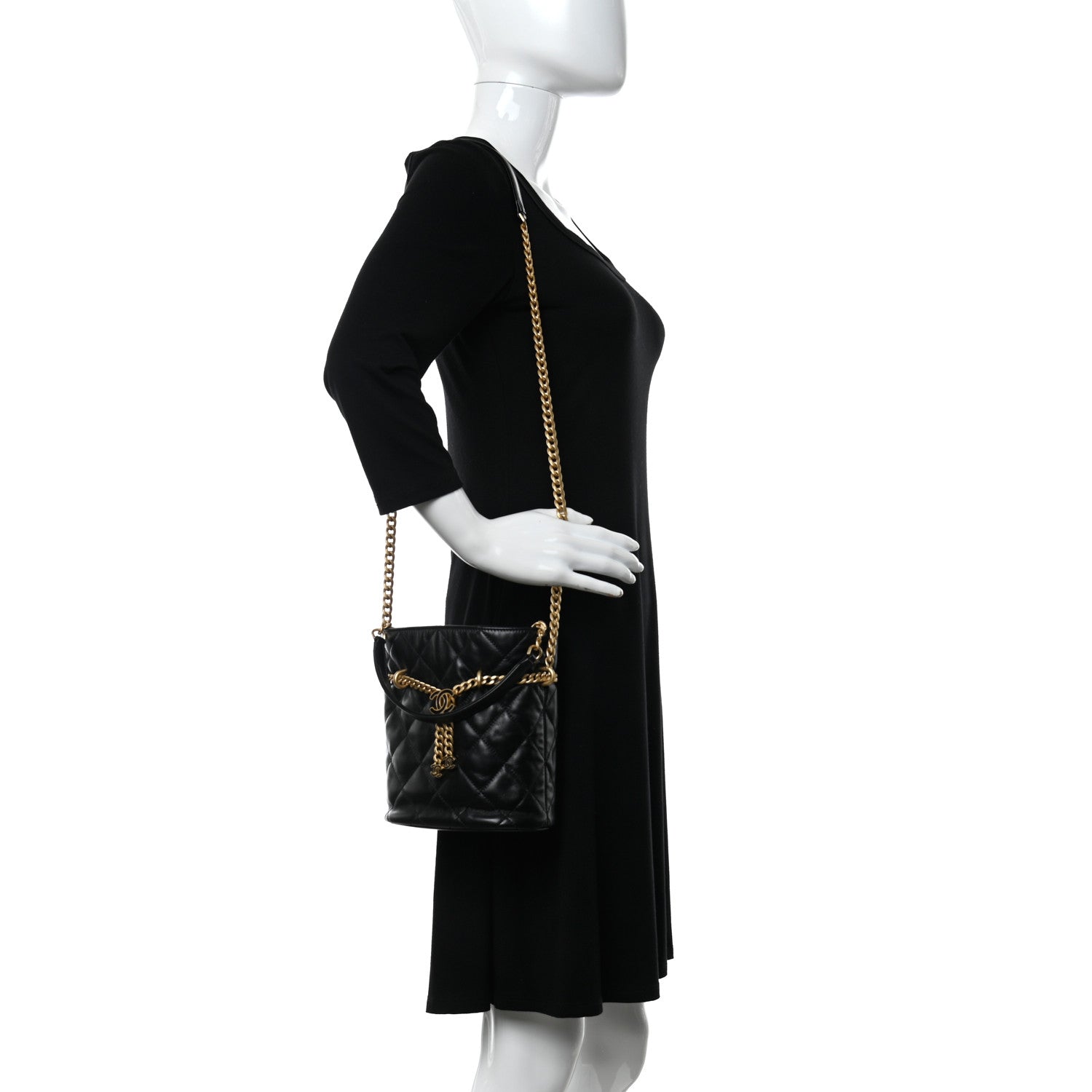 Chanel Lambskin Enamel Quilted Pending CC Bucket Drawstring Bag Black 2 of 11