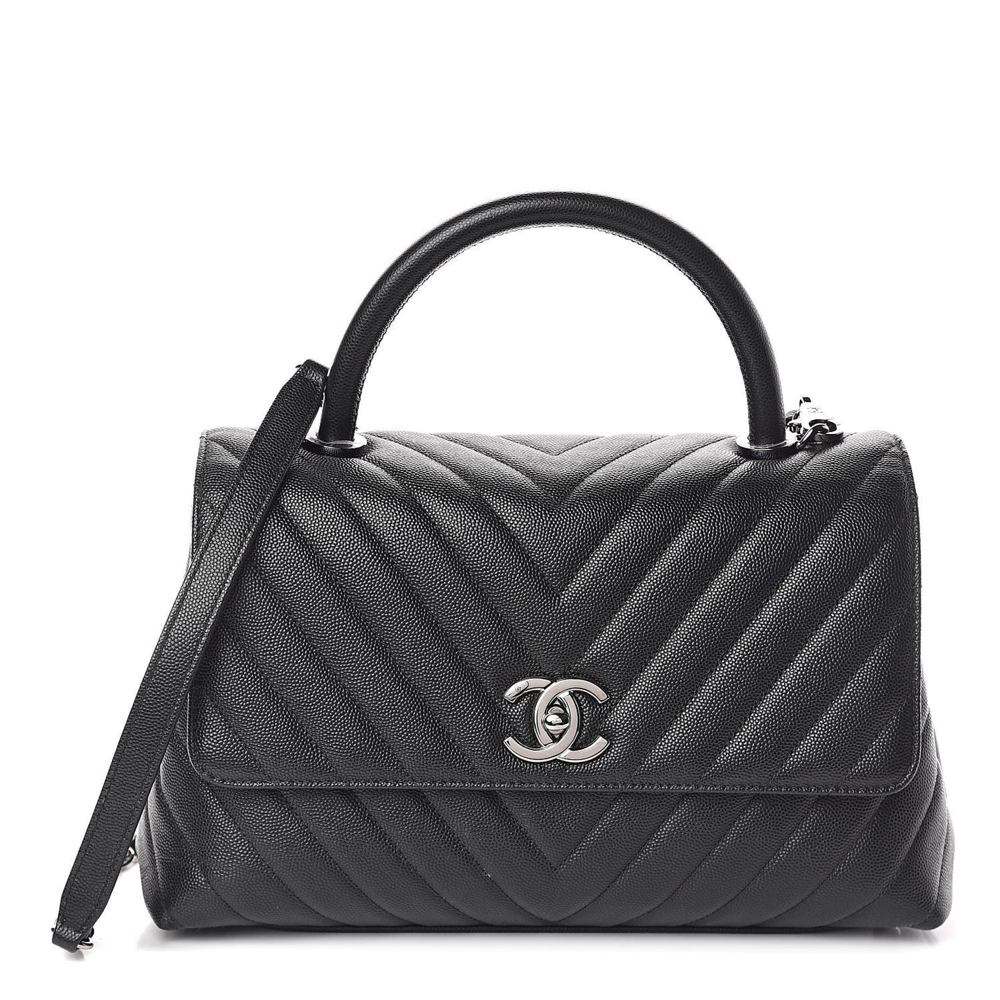 Caviar Chevron Quilted Small Coco Handle Flap Black