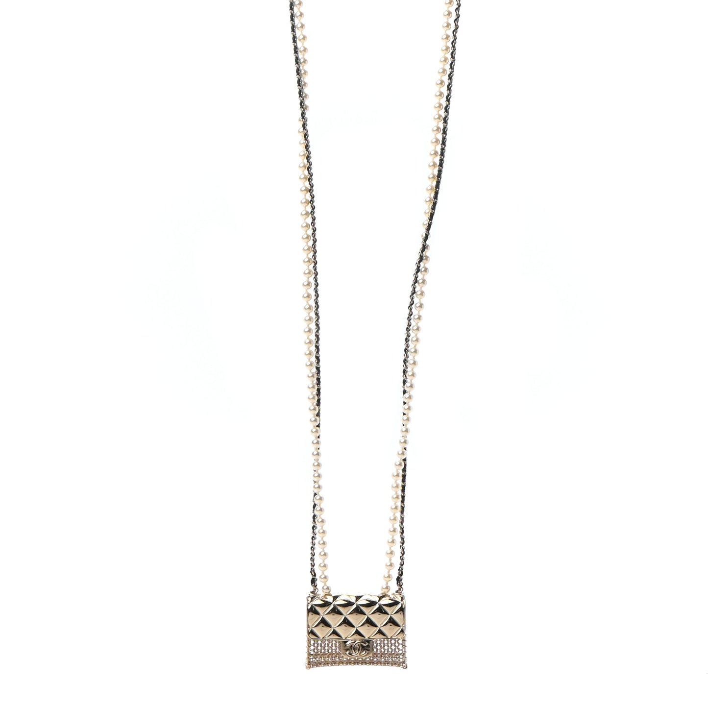 Metal Lambskin Pearl Chain Flap Bag Long Necklace Gold Black Pearly White