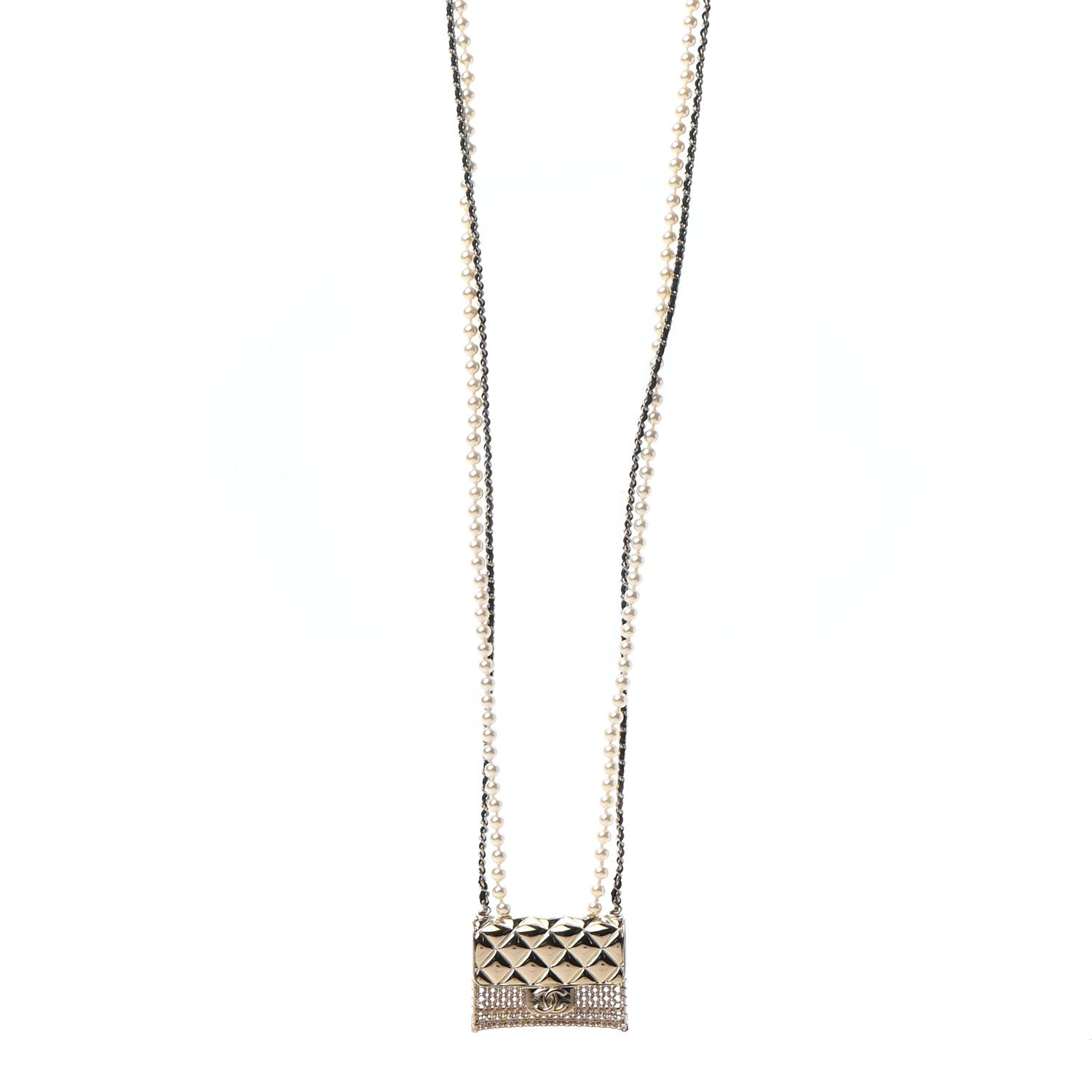Chanel Metal Lambskin Pearl Chain Flap Bag Long Necklace Gold Black Pearly White 1 of 5
