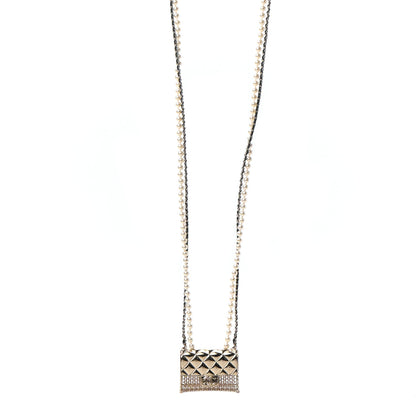 Chanel Metal Lambskin Pearl Chain Flap Bag Long Necklace Gold Black Pearly White 1 of 5