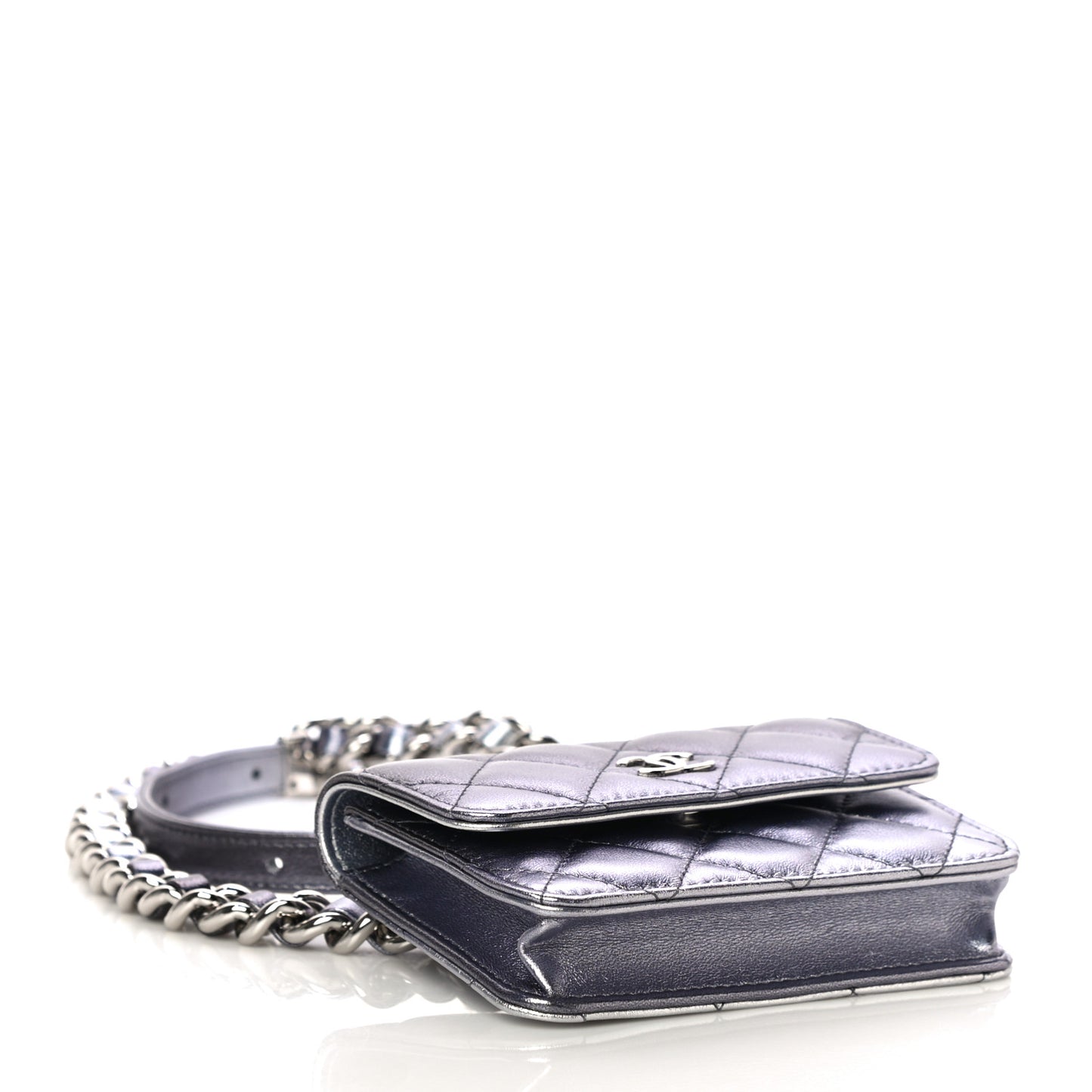Gradient Metallic Lambskin Quilted Flap Chain Belt Bag Silver Purple