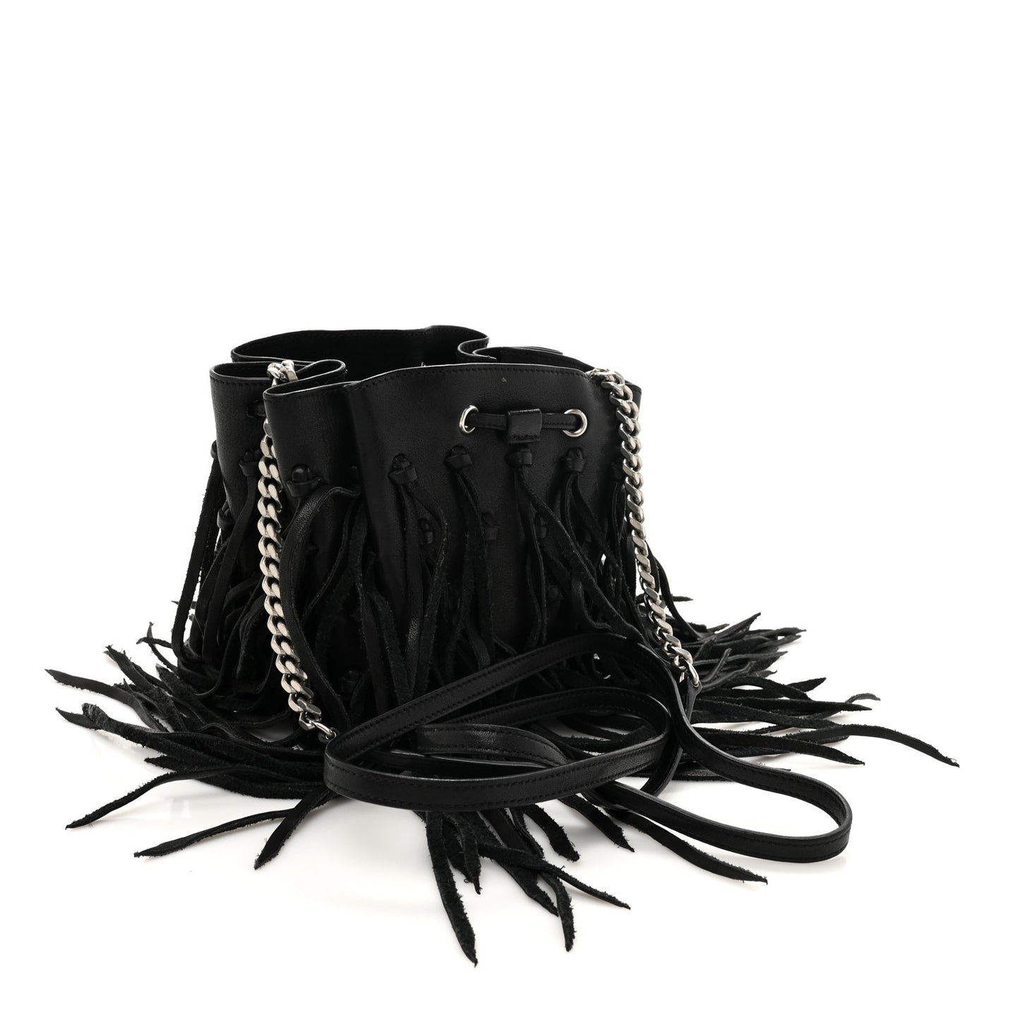 Calfskin Fringe Monogram Mini Bourse Bucket Bag Black