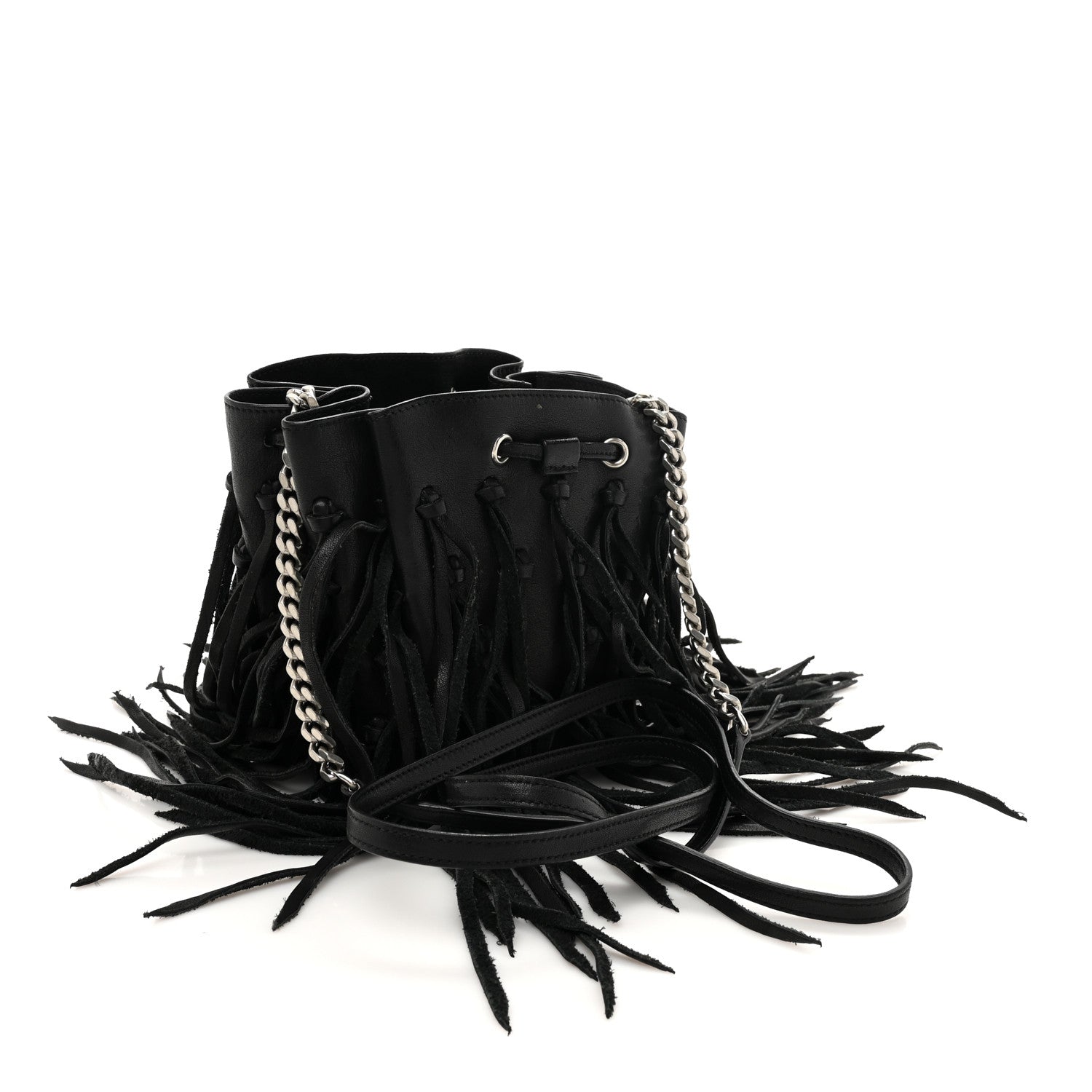 Saint Laurent Calfskin Fringe Monogram Mini Bourse Bucket Bag Black 3 of 11