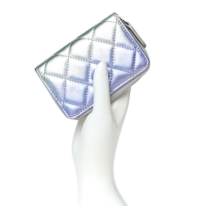 Chanel Gradient Metallic Calfskin Quilted Zip Around Coin Purse Wallet Silver Blue Yellow Purple 2 of 12