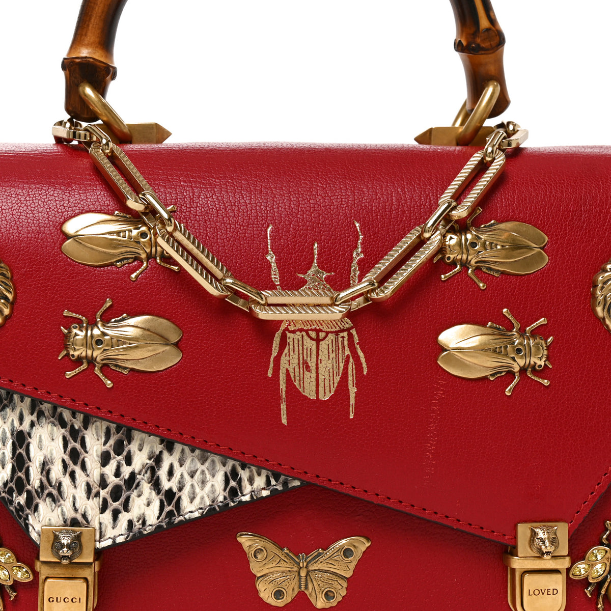 Gucci Calfskin Snakeskin Studded Small Ottilia Top Handle Bag Hibiscus Red 8 of 10