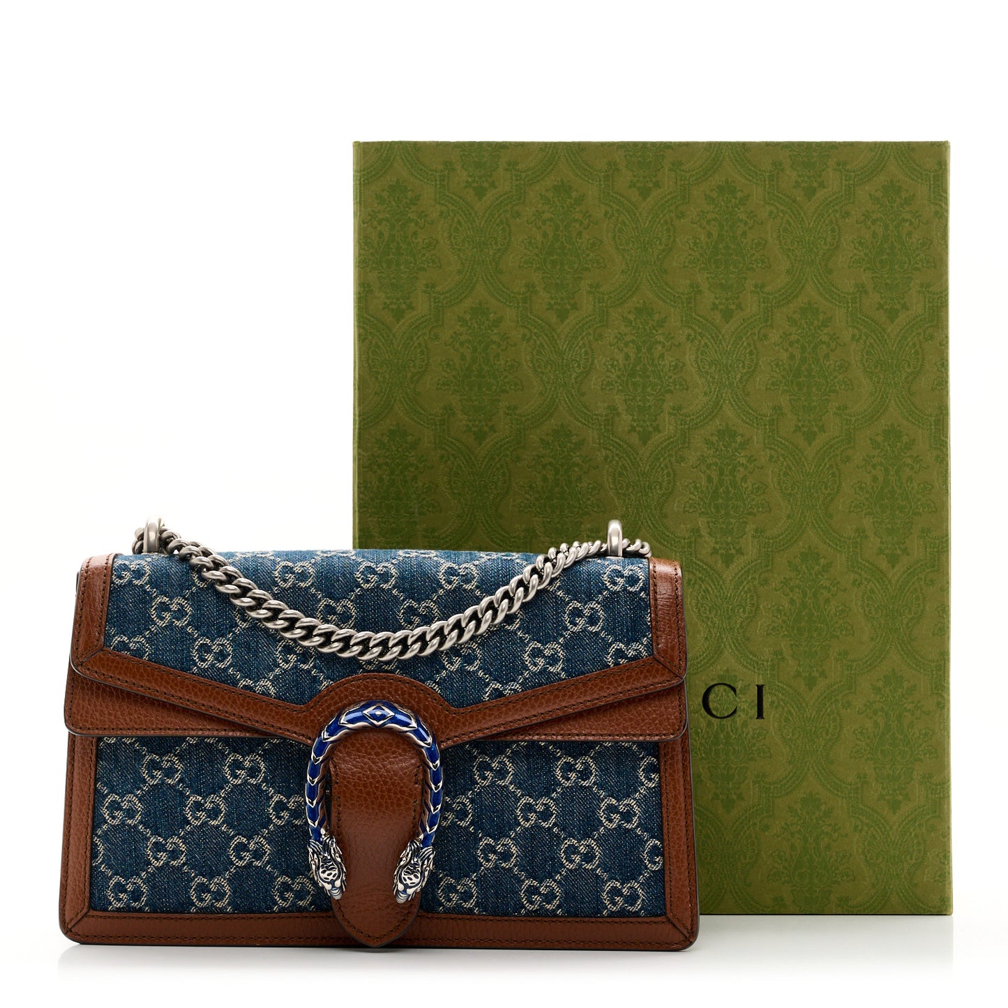 New Denim GG Monogram Dollar Calfskin Enamel Small Dionysus Shoulder Bag Blue Tea Cuir Epilog Electric Blue