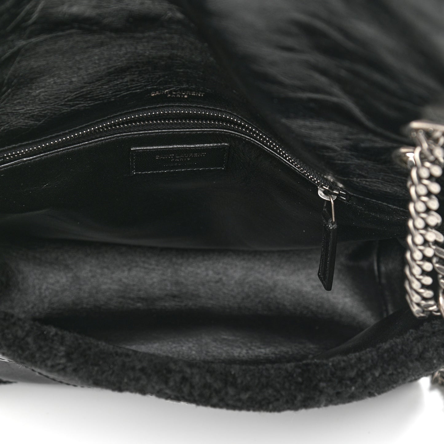 Crinkled Calfskin Shearling Monogram Medium Niki Chain Satchel Black