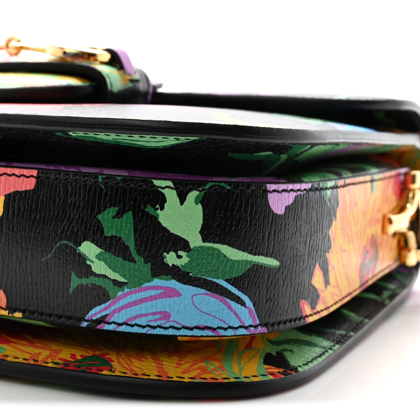 X KEN SCOTT New Shangai Calfskin Jenny Floral Print Horsebit 1955 Shoulder Bag Black Pink