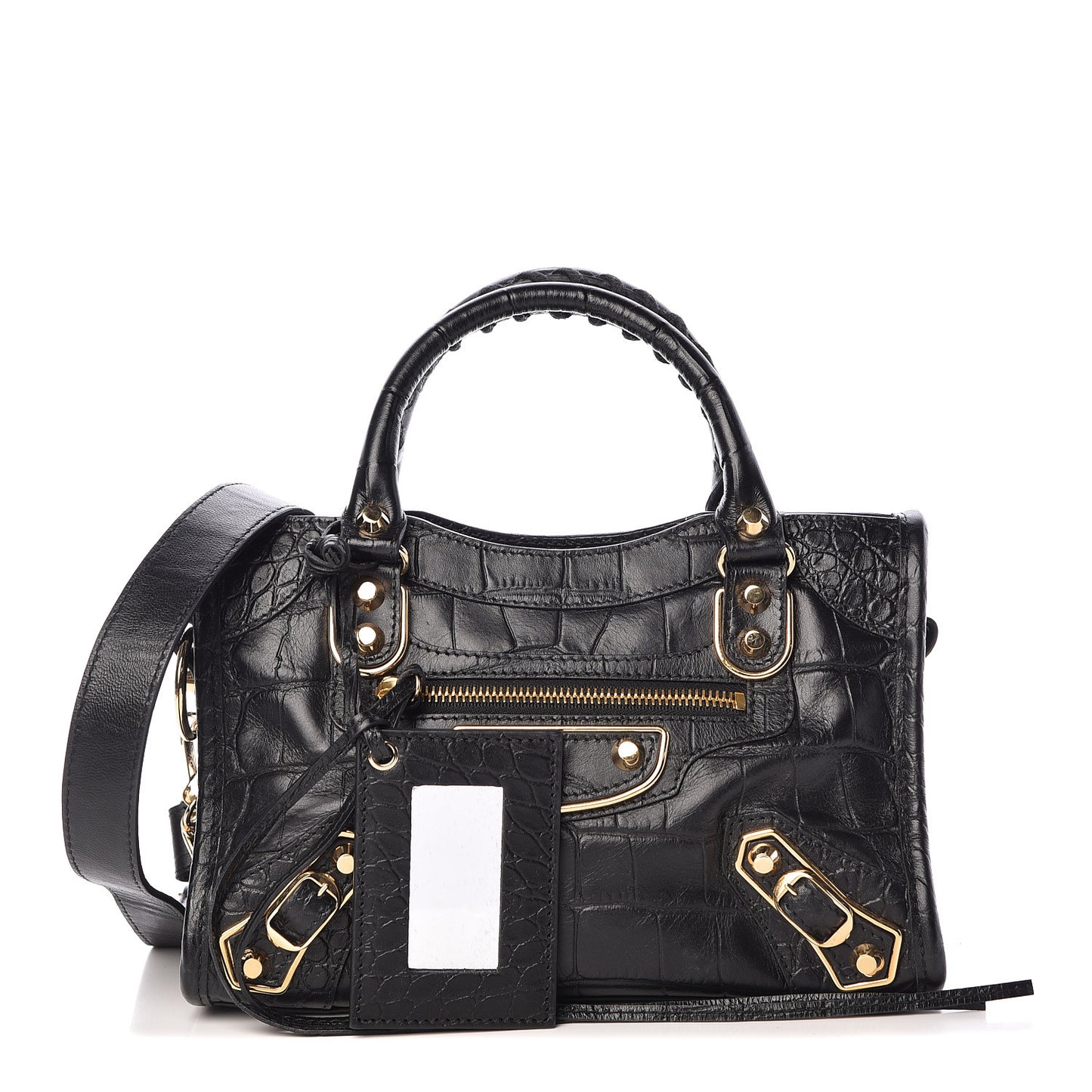 Calfskin Crocodile Embossed Gold Metallic Edge Hardware Mini City Black