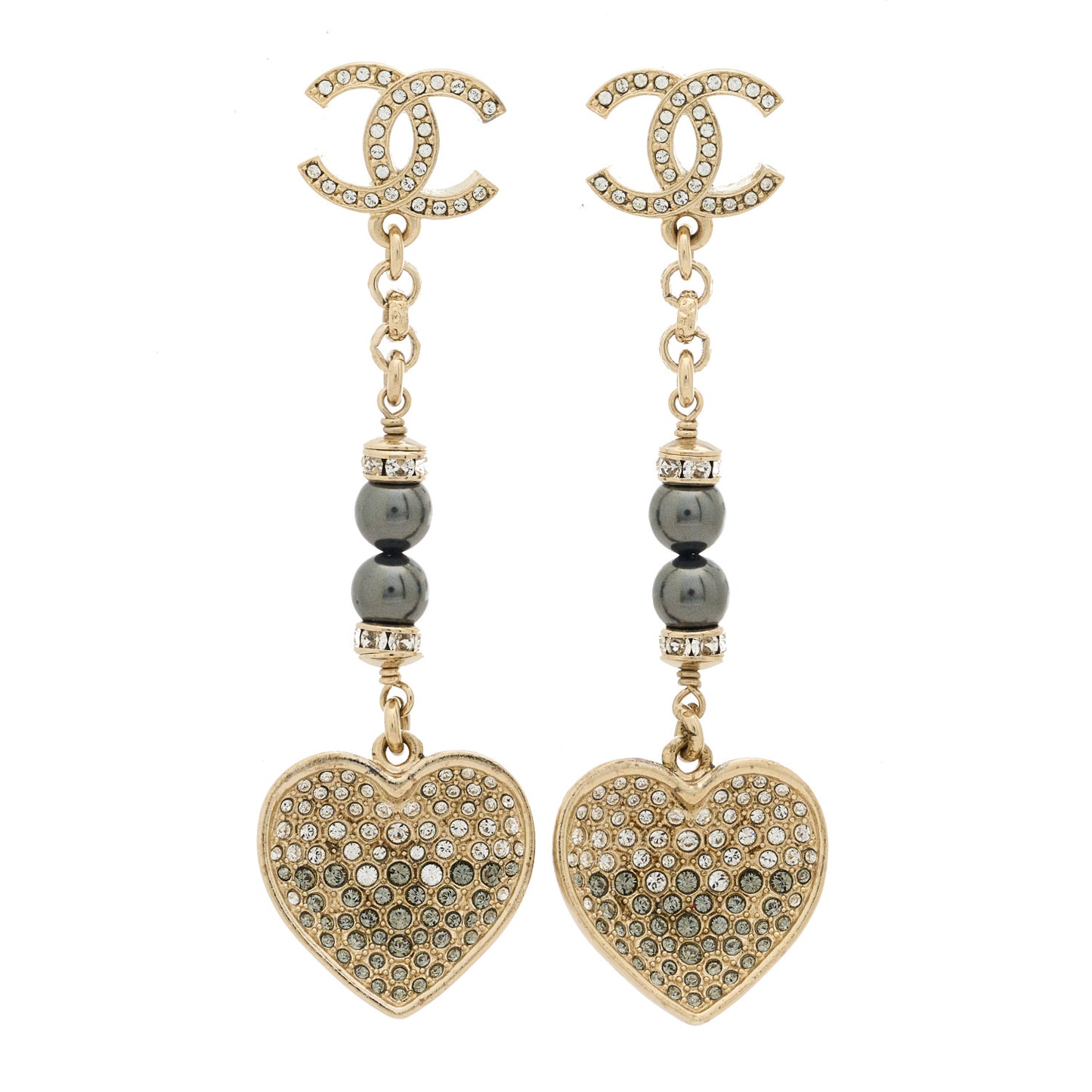 Resin Crystal Pearl CC Heart Chain Earrings Black Gold