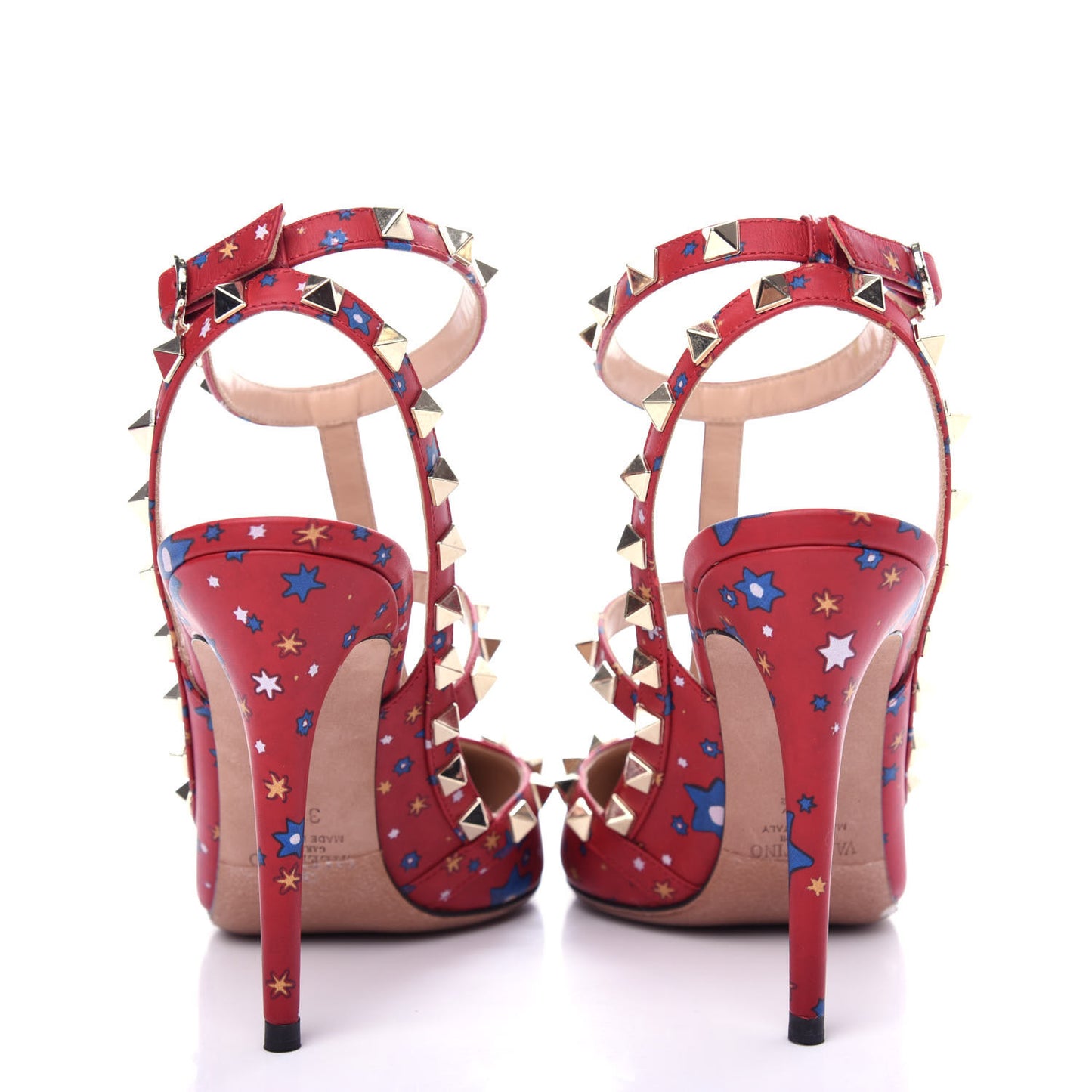 Calfskin Nappa Volcano Print Rockstud Ankle Strap 100mm Pumps 38.5 Rosso Valentino