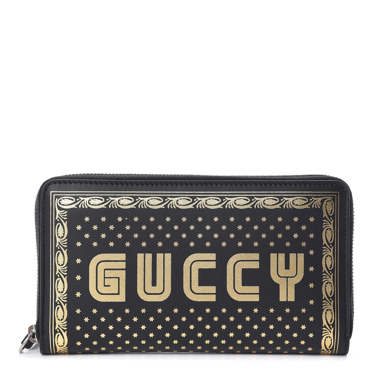 X SEGA Calfskin GUCCY Stars Zip Around Wallet Black Gold