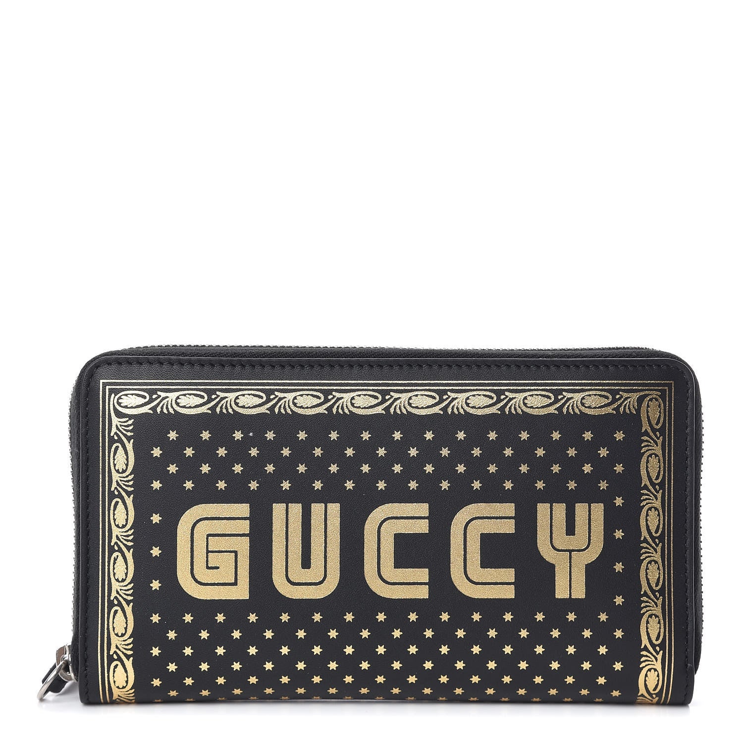 Gucci X SEGA Calfskin GUCCY Stars Zip Around Wallet Black Gold 1 of 8