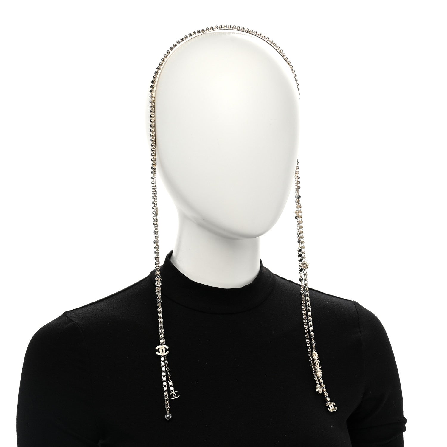 Chanel Metal Crystal Pearl CC Chandelier Headband Gold Black Grey 2 of 7