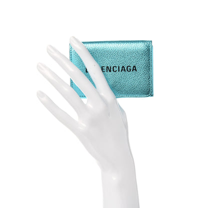 Balenciaga Metallic Goatskin Logo Mini Everyday Wallet Turquoise Black 2 of 7