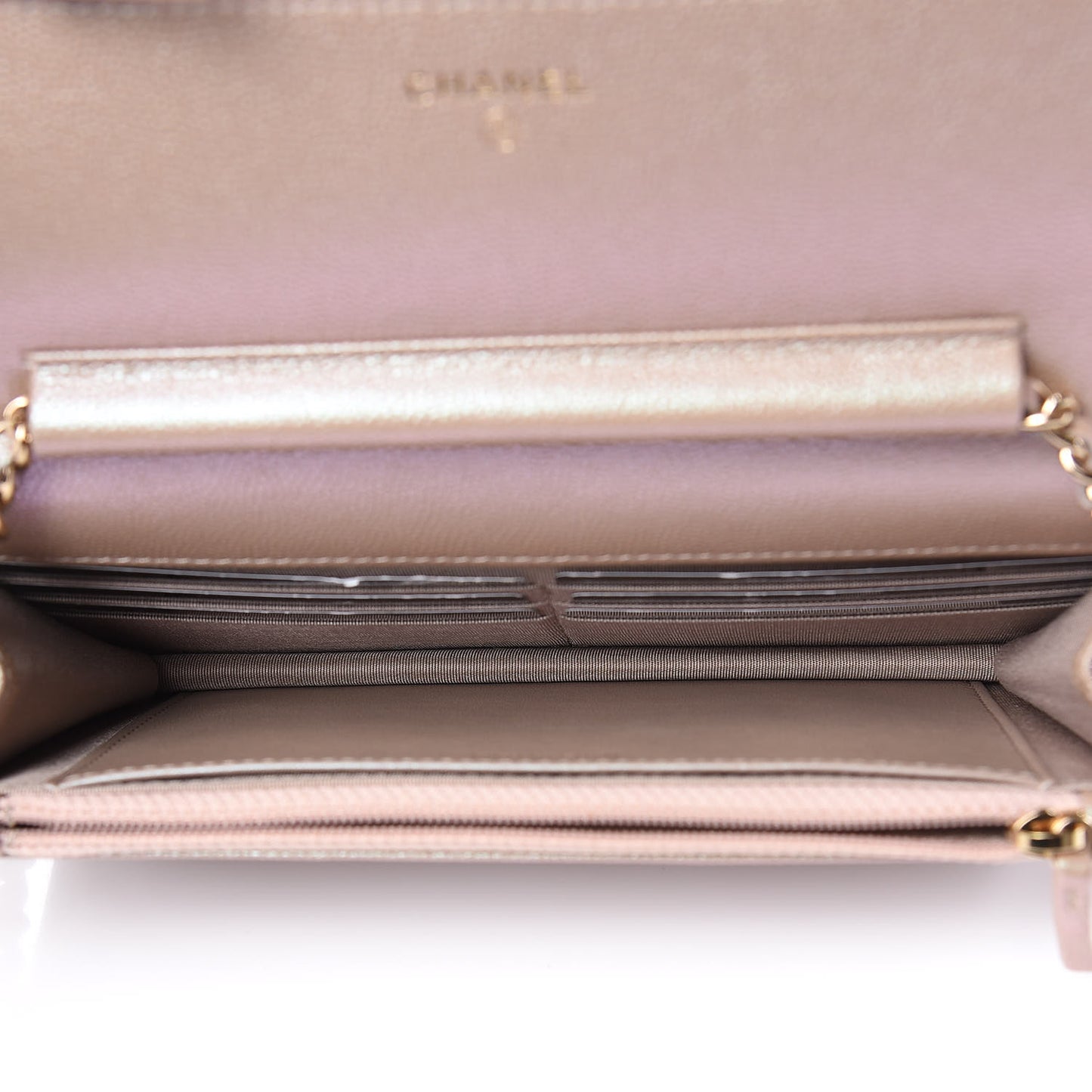 Iridescent Caviar Quilted Wallet On Chain WOC Beige