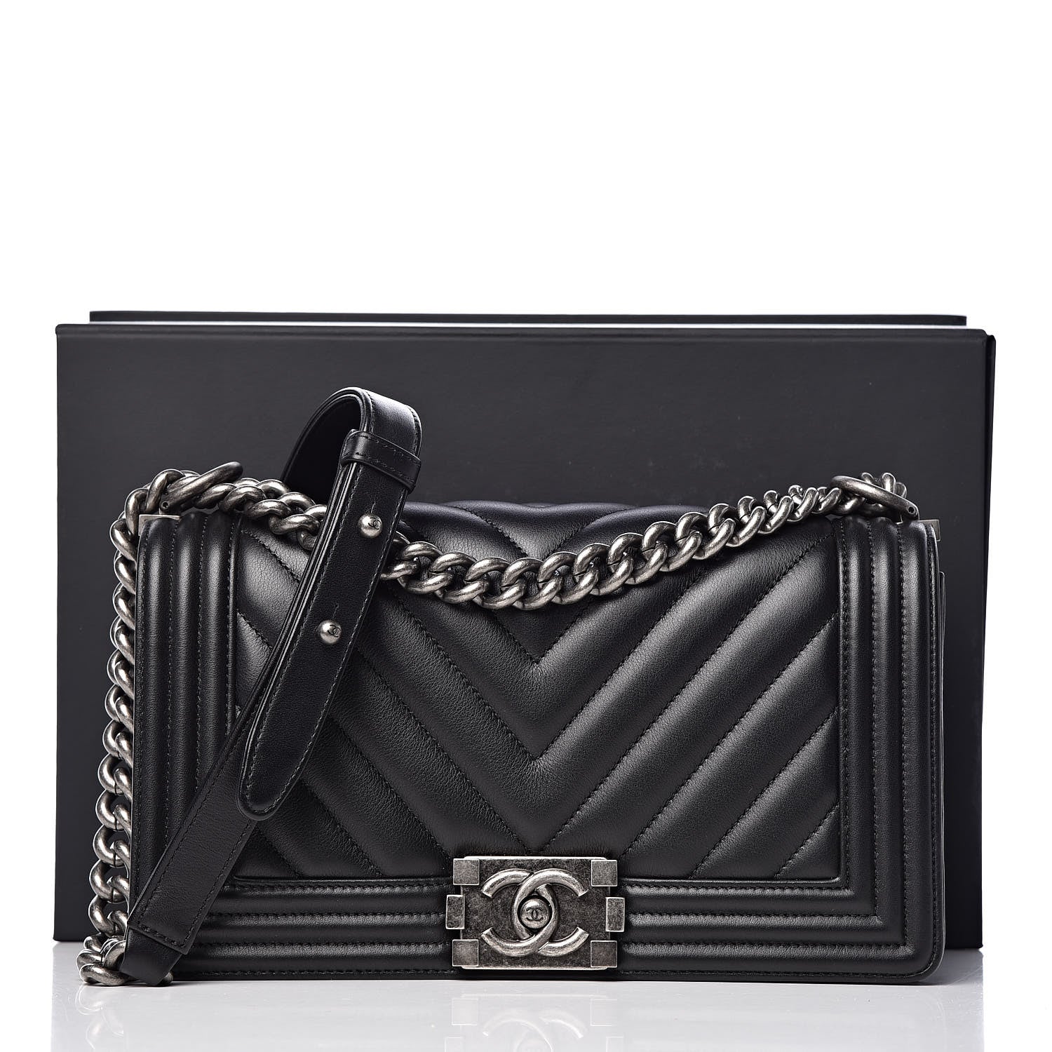 Chanel Calfskin Chevron Quilted Medium Boy Flap Black 11 of 11