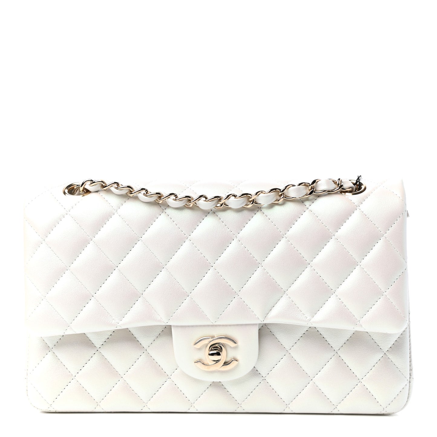 Iridescent Calfskin Quilted Medium Double Flap White