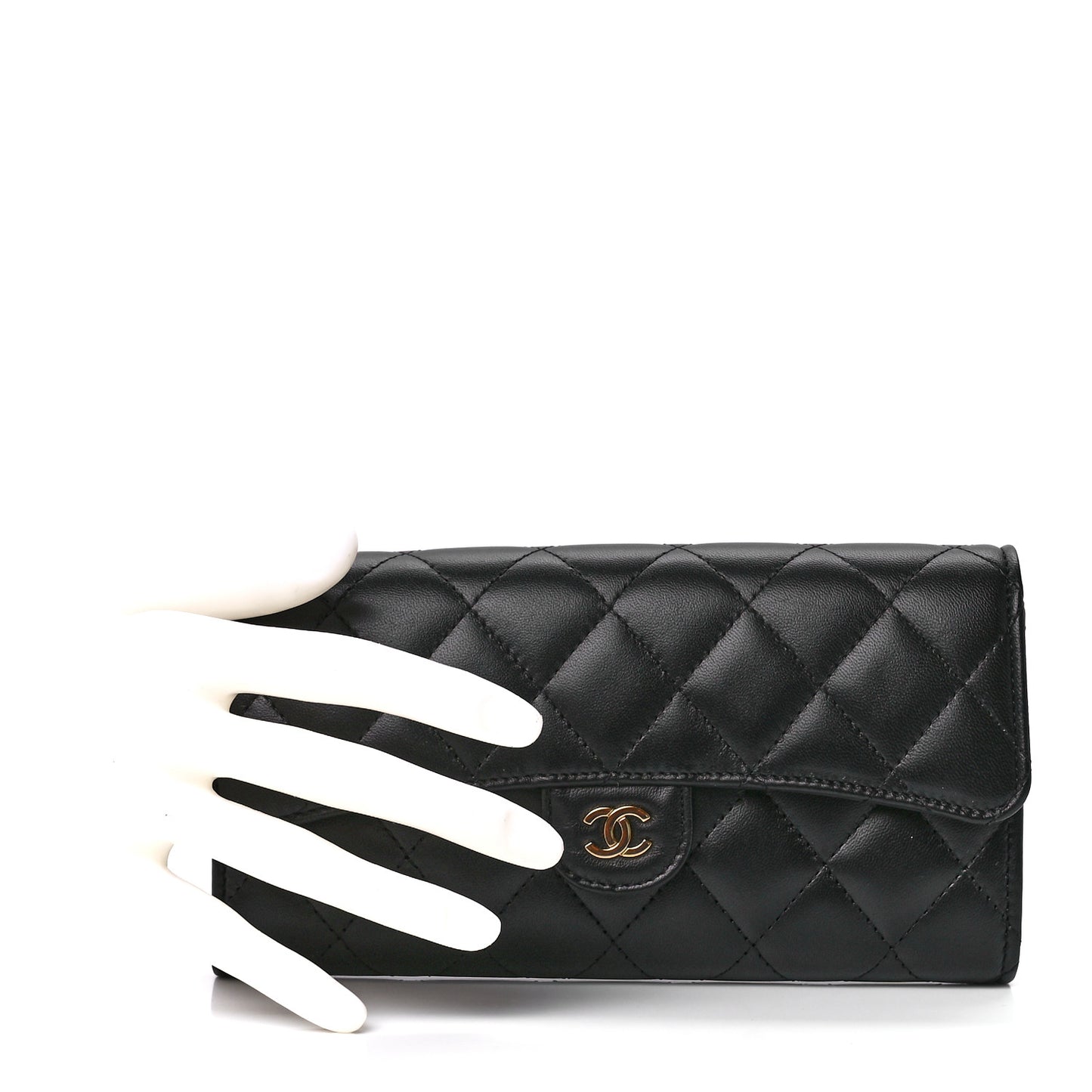 Lambskin Quilted Large Gusset Flap Wallet Black