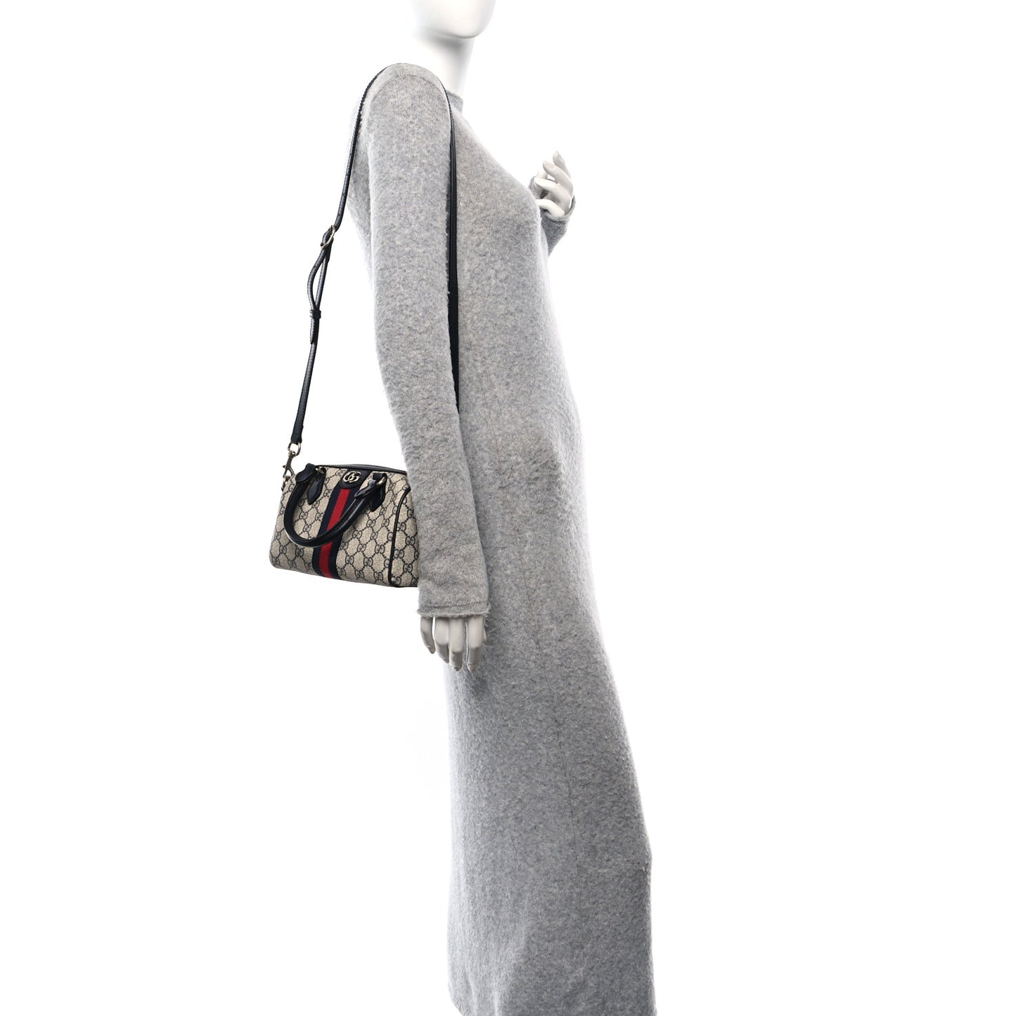 GG Supreme Monogram Textured Dollar Calfskin Web Mini Ophidia Top Handle Bag Beige Blue