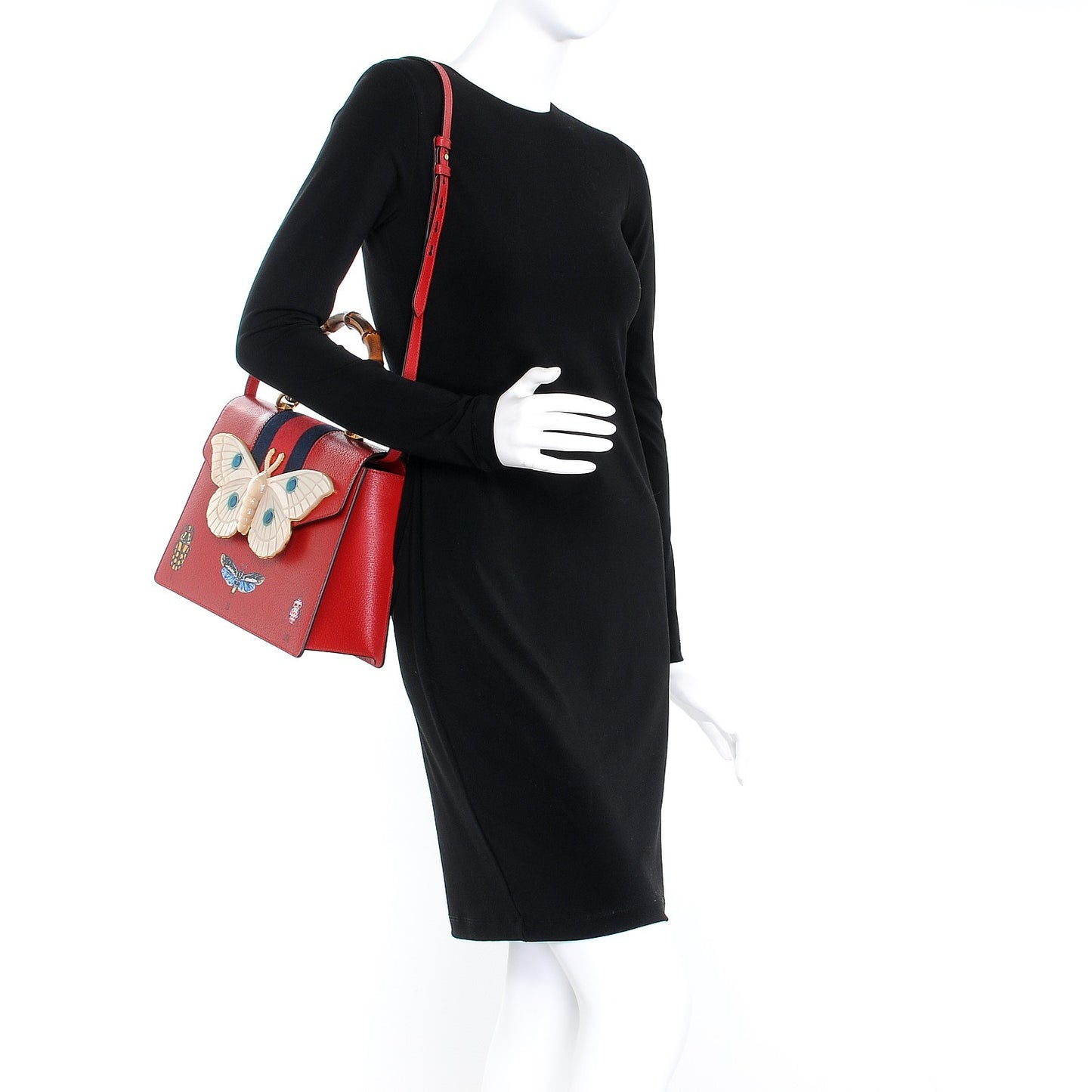 Calfskin Bamboo Web Medium Falena Moth Top Handle Bag Hibiscus Red