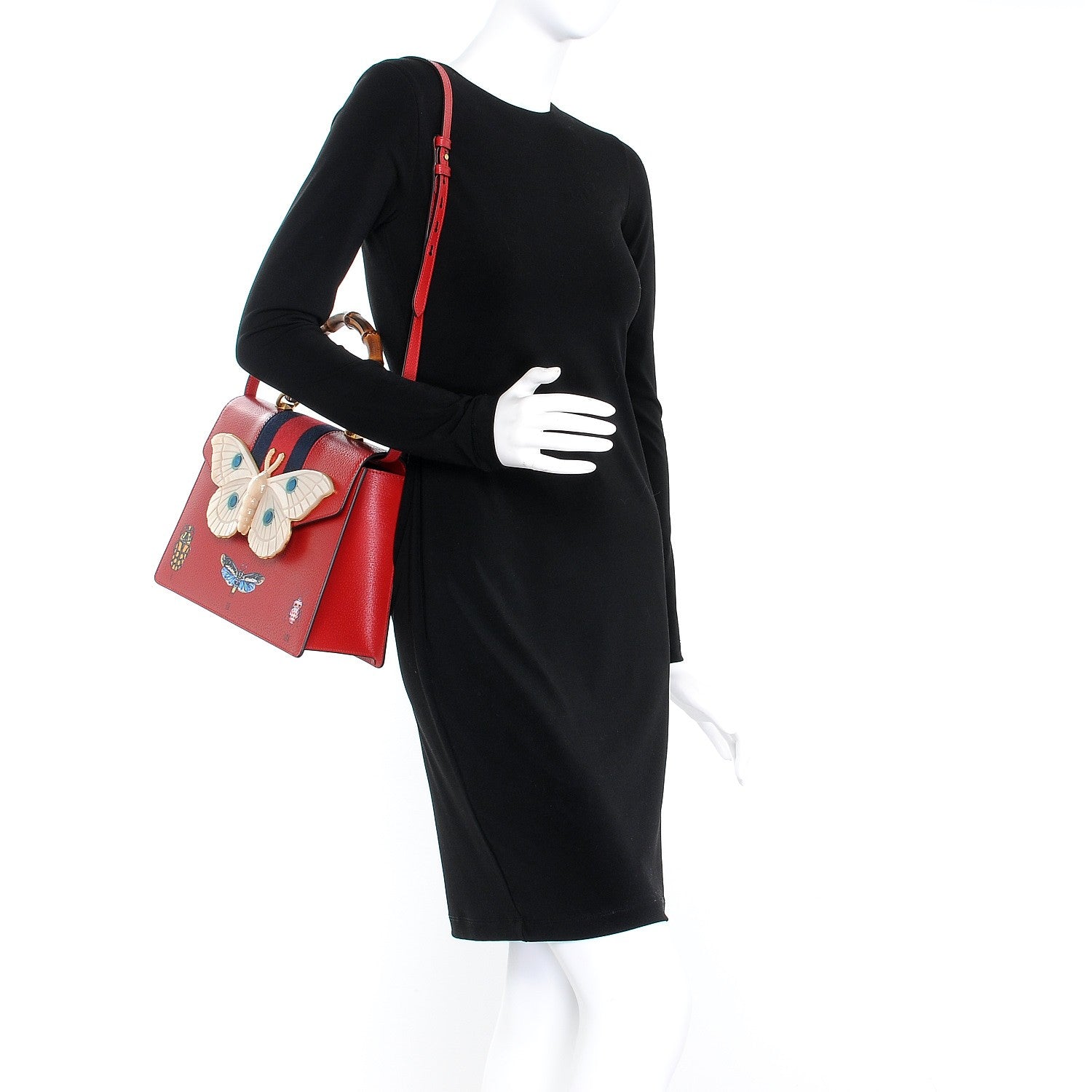 Gucci Calfskin Bamboo Web Medium Falena Moth Top Handle Bag Hibiscus Red 2 of 8
