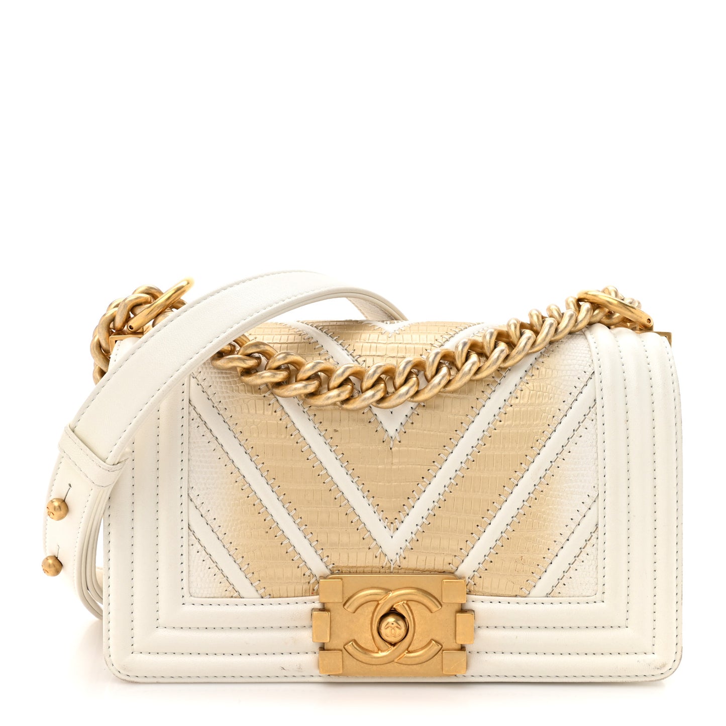 Lizard Chevron Small Boy Flap White Gold