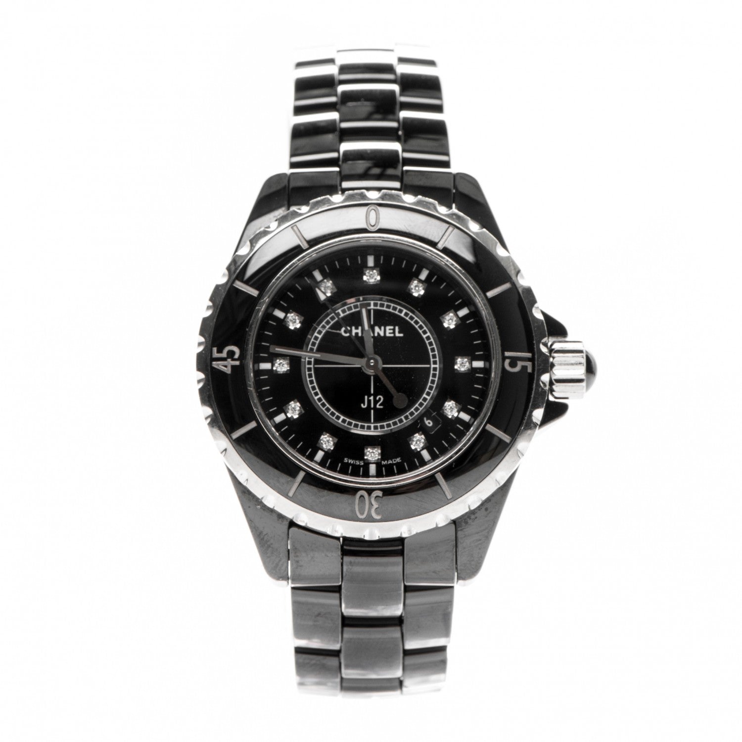 Chanel Stainless Steel Ceramic Diamond 33mm J12 Quartz Watch Black 1 of 5