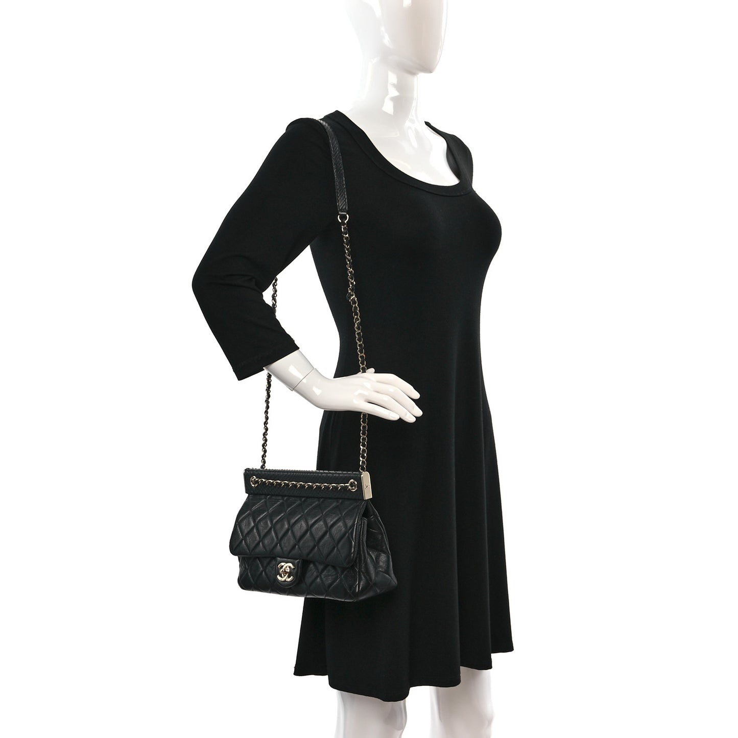 Lambskin Snakeskin Quilted Frame Flap Black