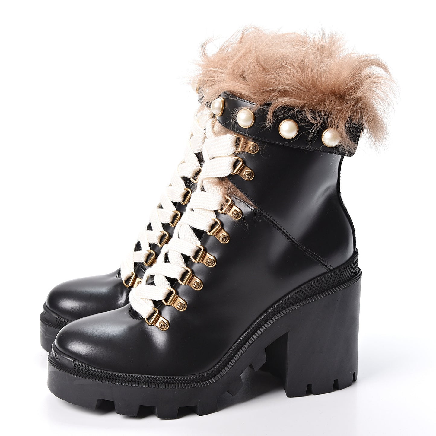 Magnum Calfskin Fur Pearl Lace Up Combat Ankle Boots 37 Black Naturale