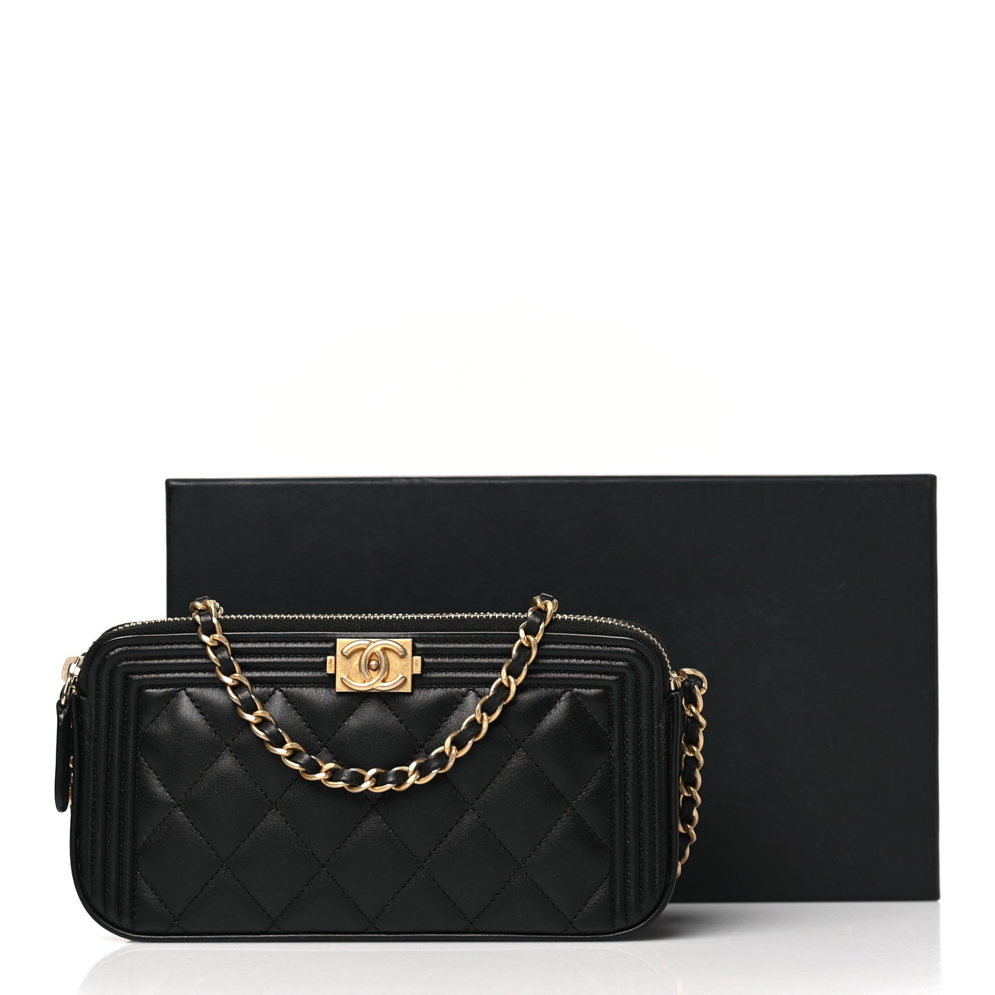 Lambskin Quilted Small Boy Clutch With Chain Black
