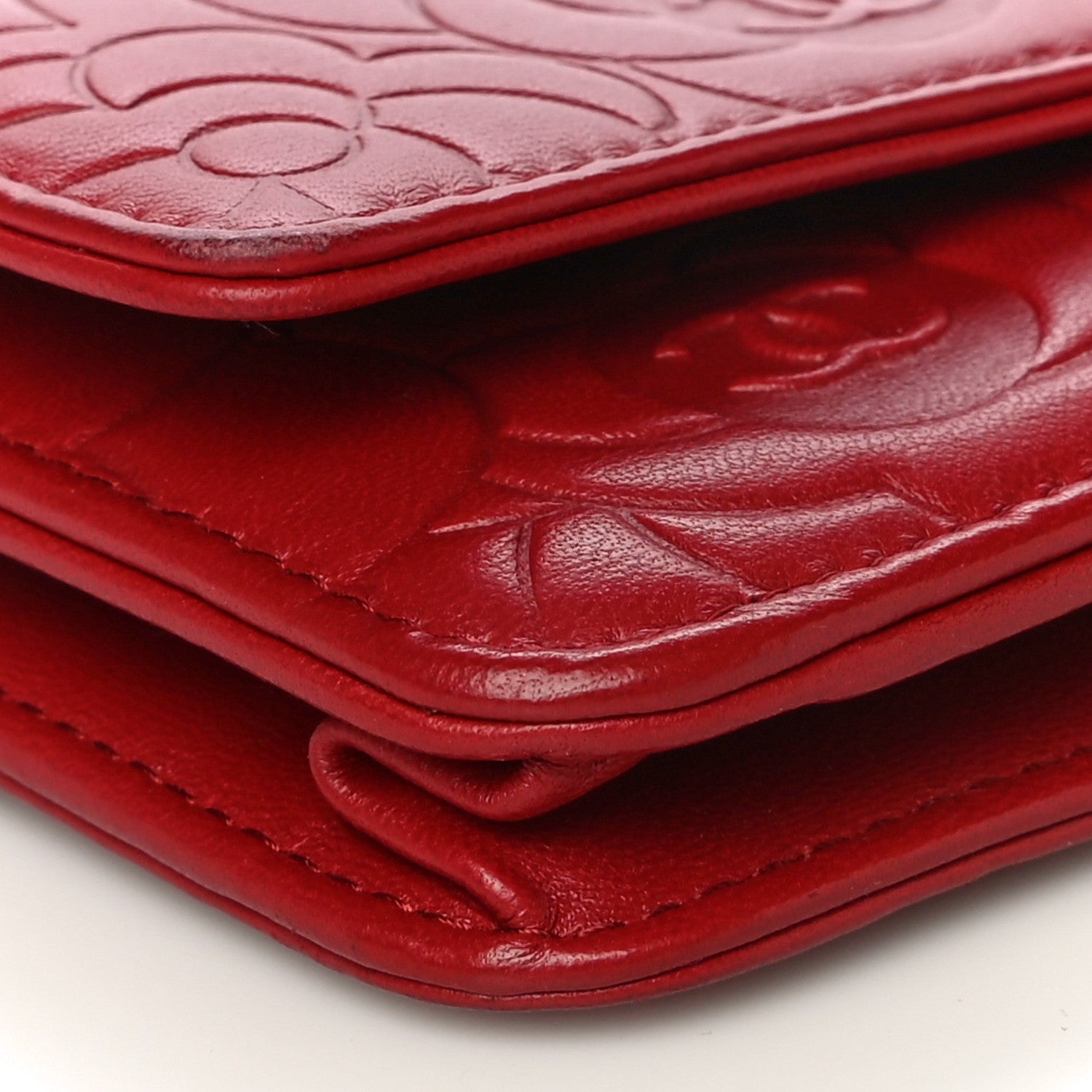 Chanel Lambskin Camellia Embossed Wallet On Chain WOC Red 10 of 19